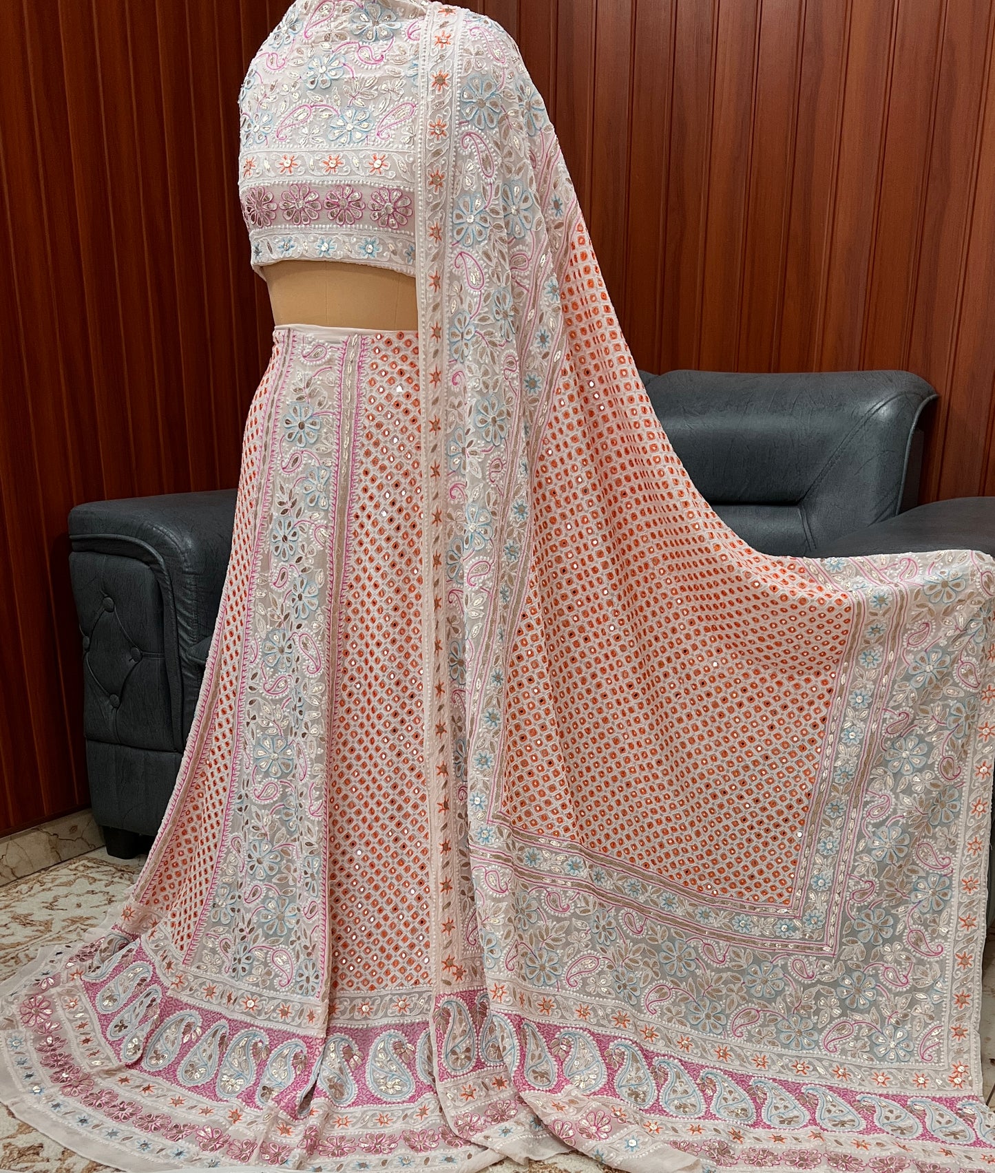 Ruhani Ivory Chikankari Mirror Gota and Multicolored Thread Work Wedding Lehenga