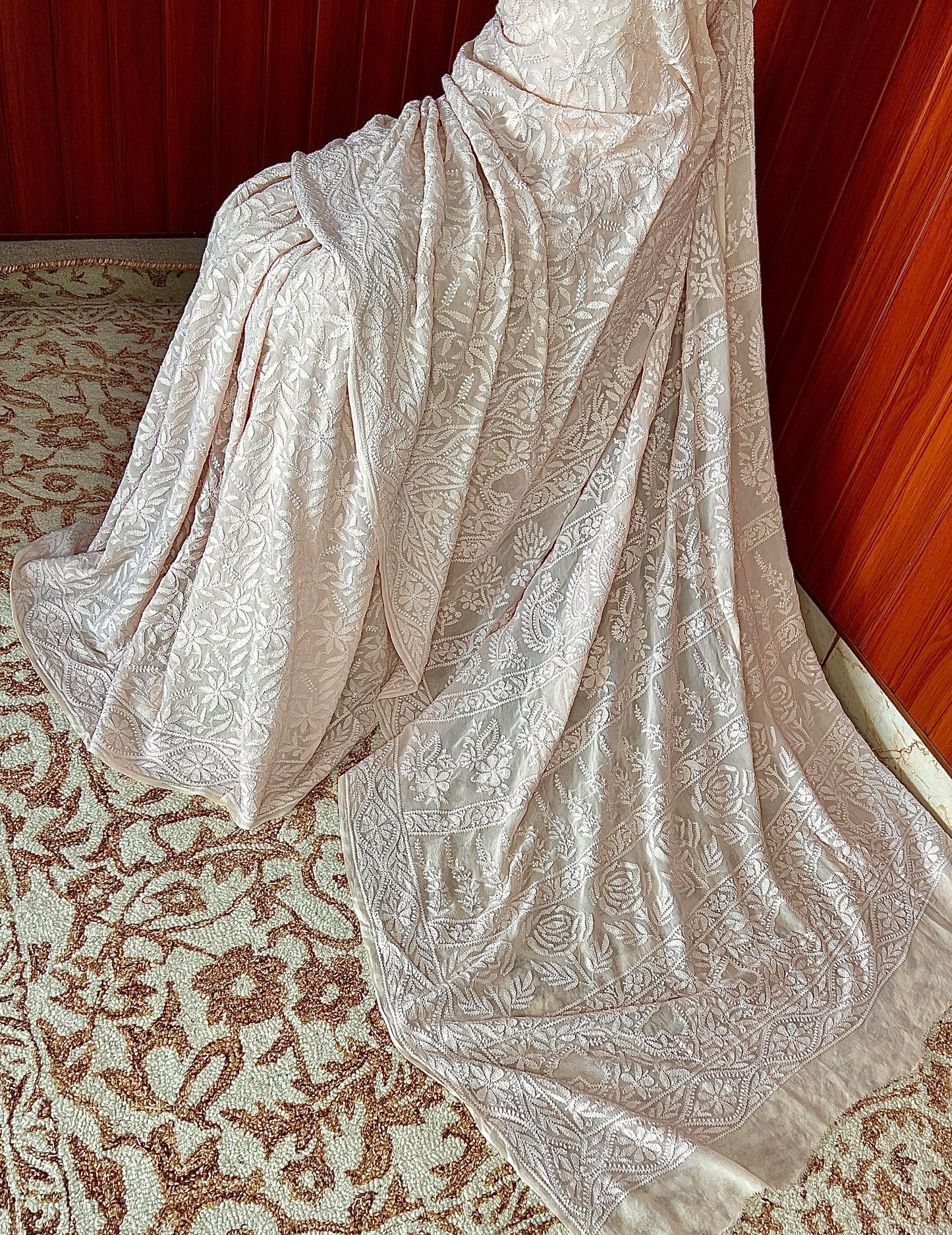 Ruhani Nude Beige fine Chikankari Hand Embroidered Saree