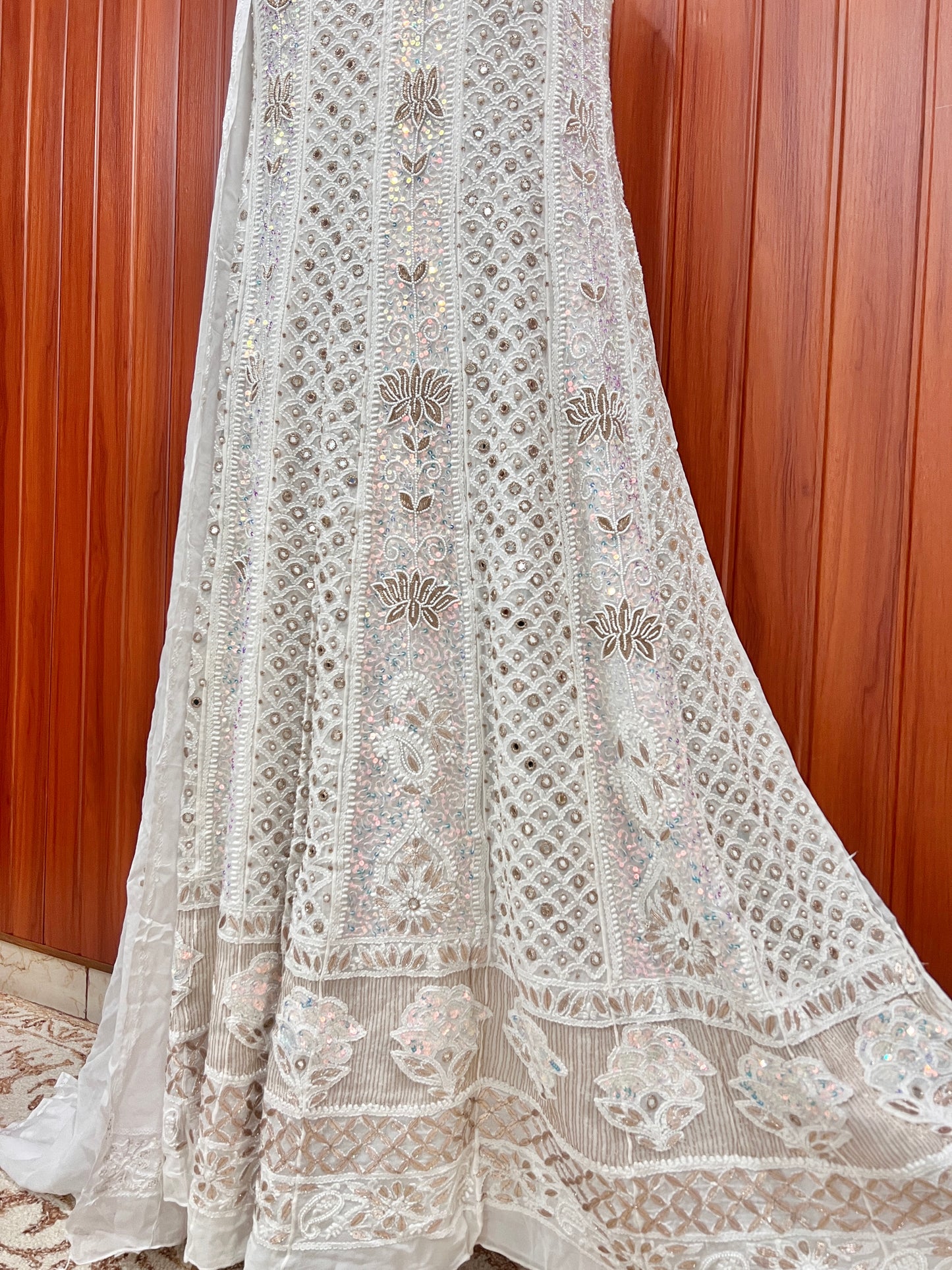 White Chikankari Mirror Pearl Sequins Anarkali with Dupatta