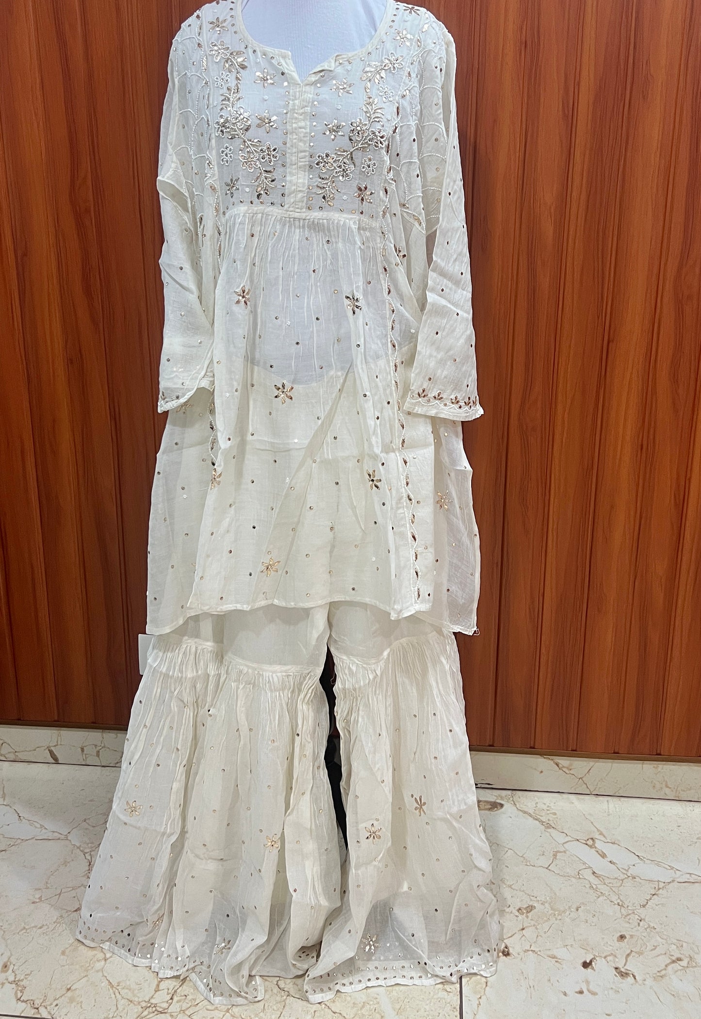 Ivory Badla Mukaish and pearl work Mul Chanderi Sharara Suit