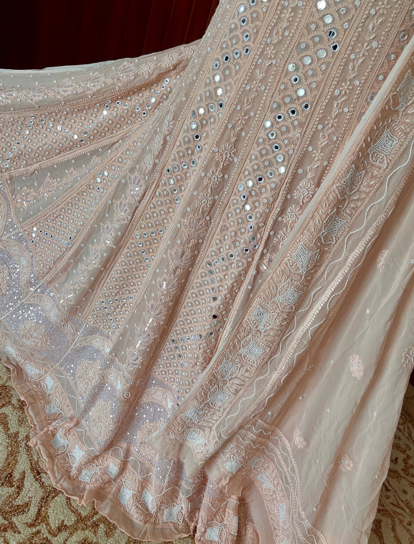 Ruhani Soft Peach fine Chikankari Mirror Pearl Sequins Anarkali