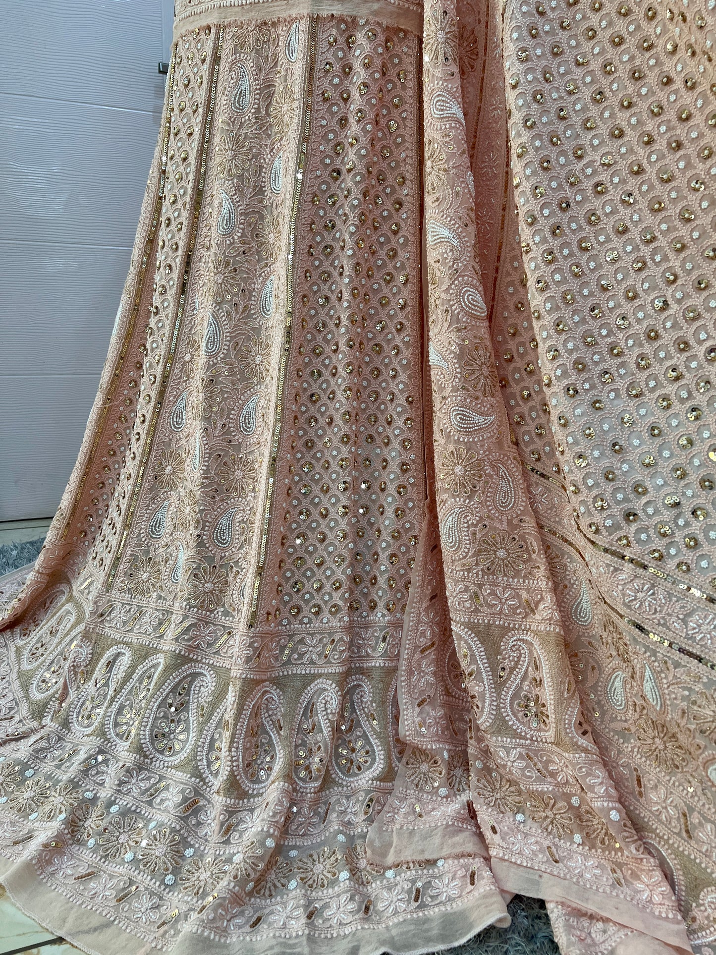 Ruhani Rose Gold Champagne Chikankari pearl and sequins wedding lehenga