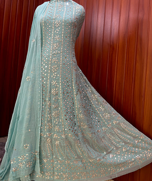 Cyan blue Chikankari Mirror Gota Patti Anarkali with Dupatta