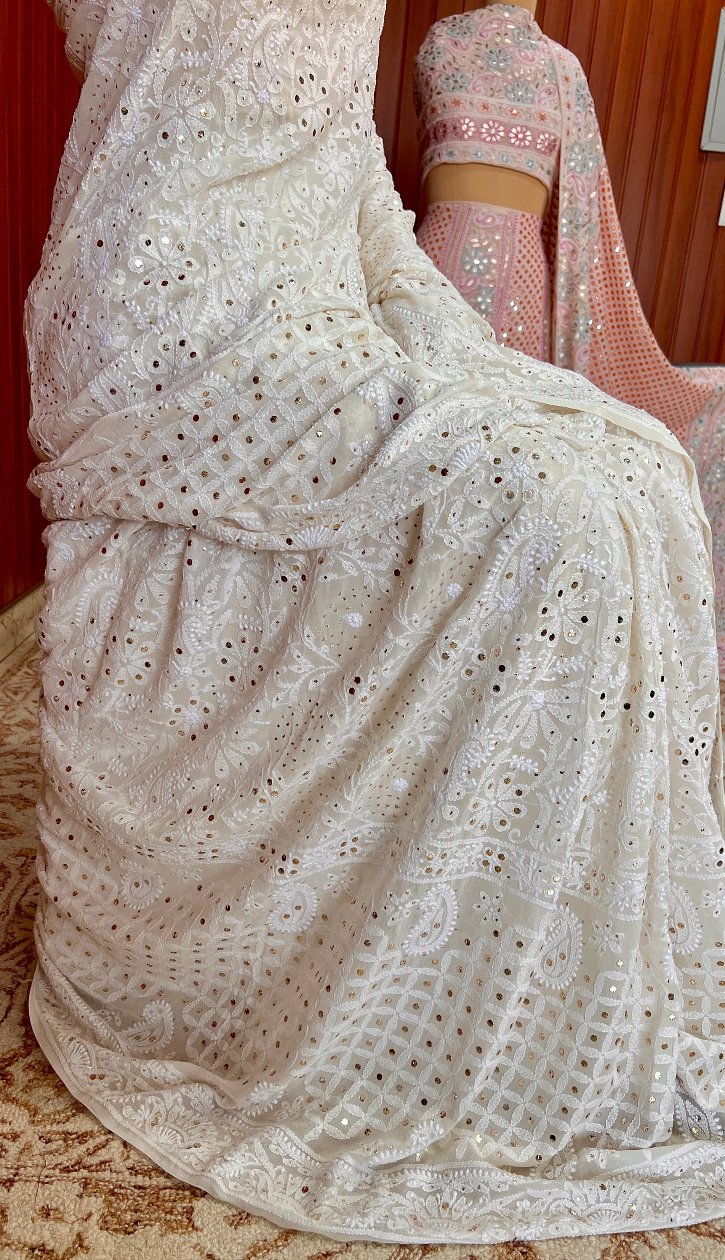 Ivory Ruhani Allover Chikankari and Mukaish Saree