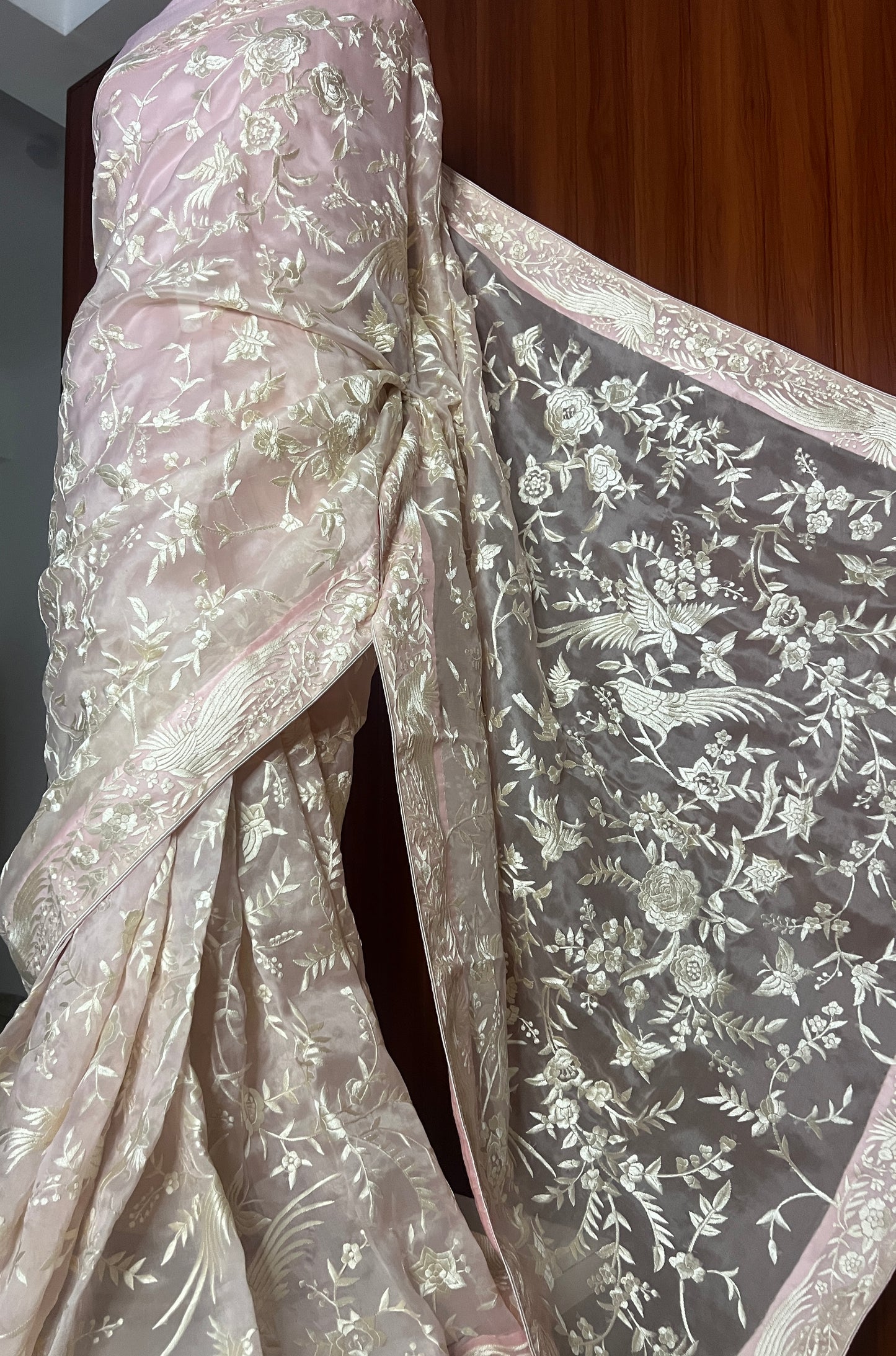 Light Pink Masterpiece Parsi Gara Hand Embroidered Pure Organza Saree