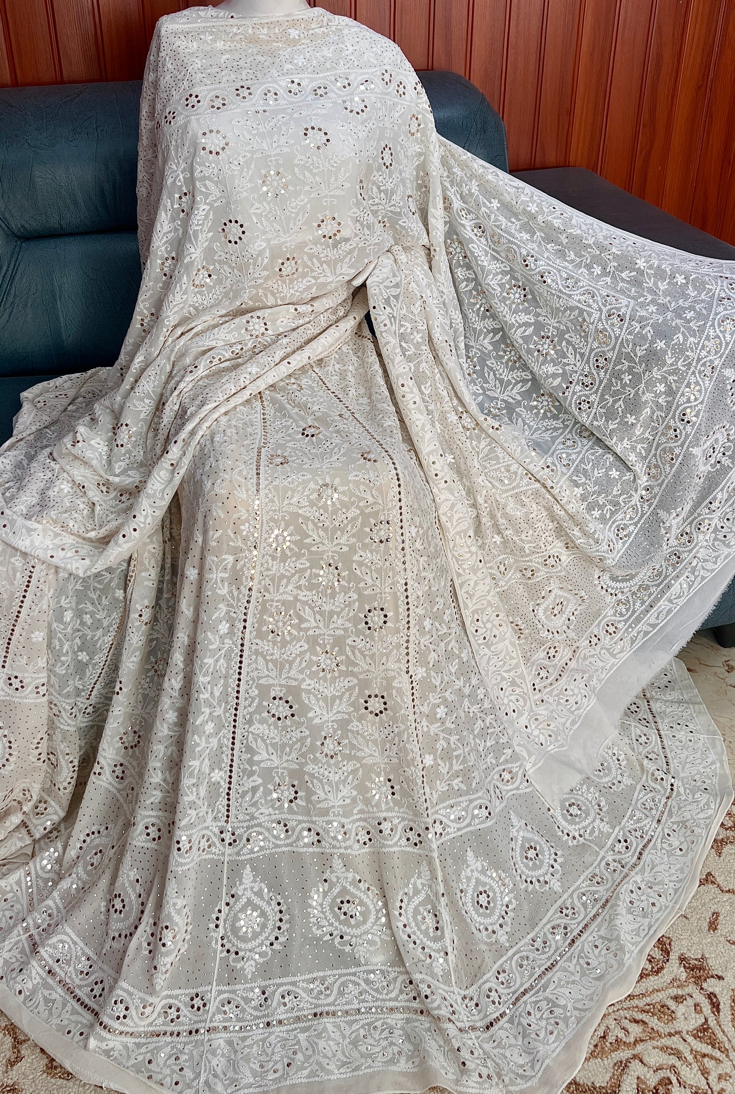 Ruhani fine Chikankari and intricate Mukaish Lehenga Set