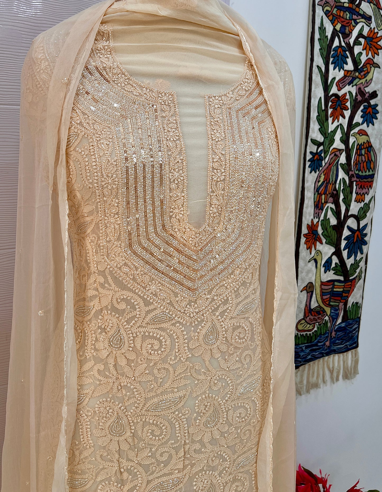 Golden Beige Chikankari Sequins and Cut Dana Kurta and Dupatta