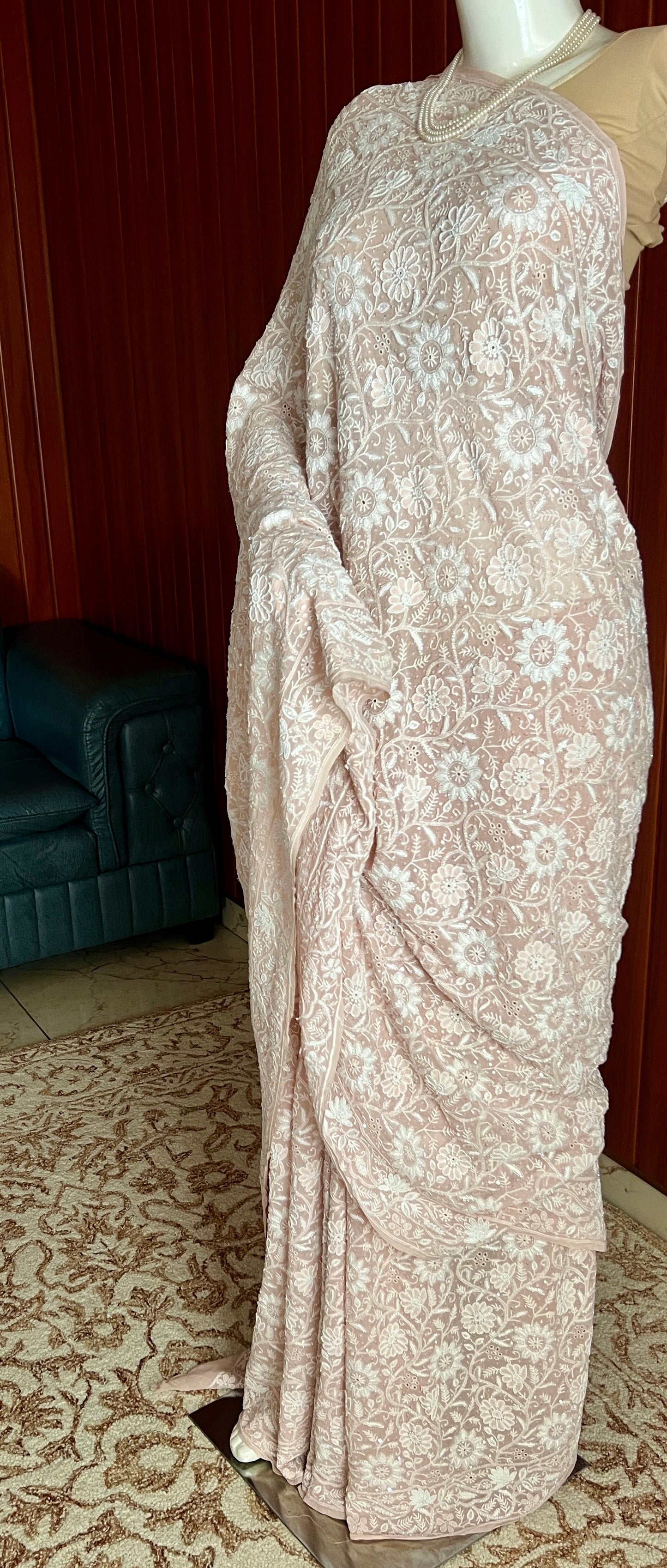 Ruhani Old Rose Pink 2 and 3 taar Chikankari Masterpiece Saree