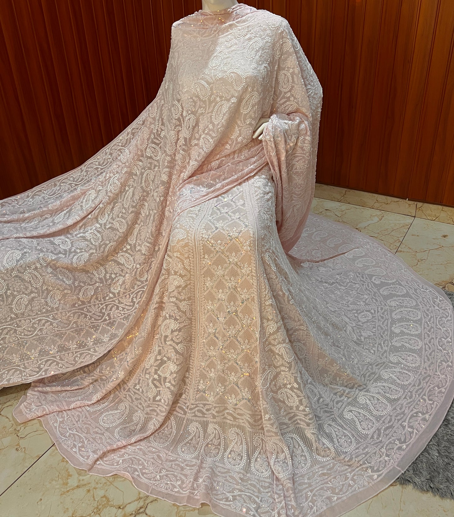 Ruhani Powder Pink Chikankari Jaali Pearl Cut Dana Sequins Wedding Lehenga