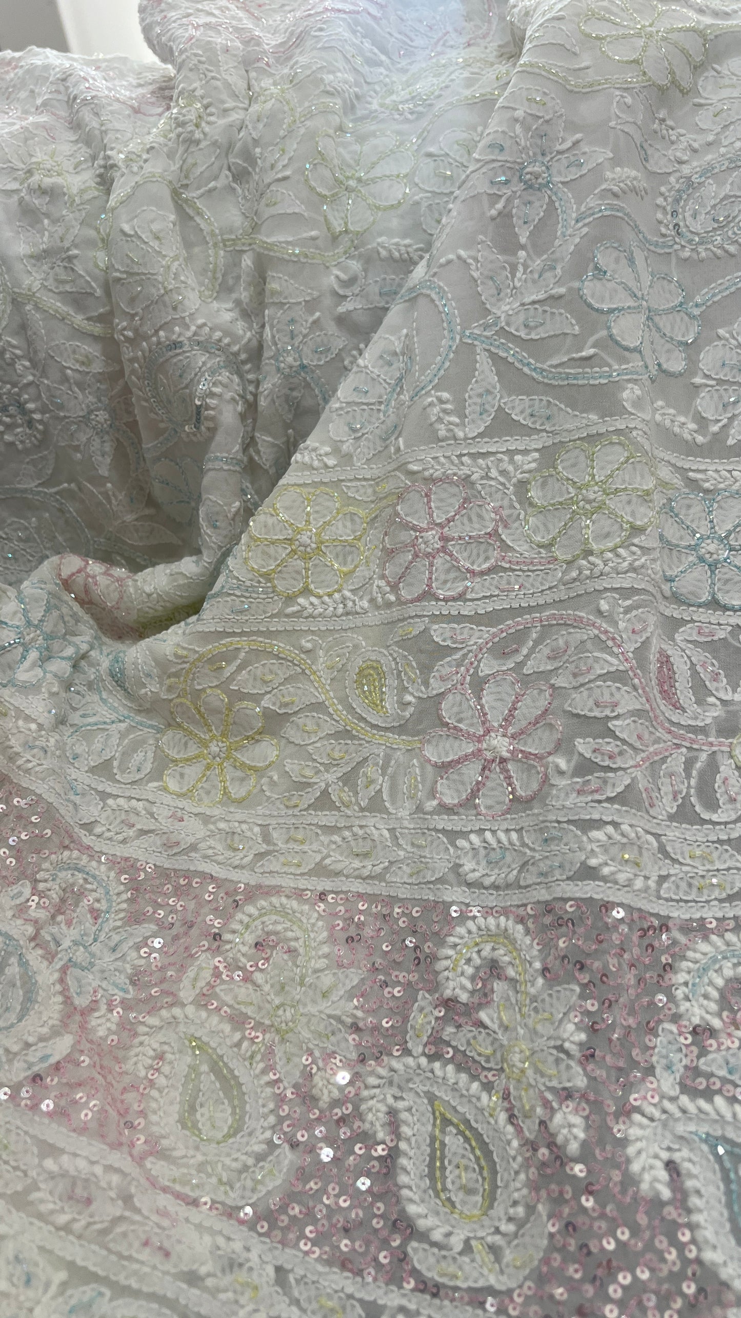 Ruhani White Chikankari and Multicolored Cut Dana Sequins Saree