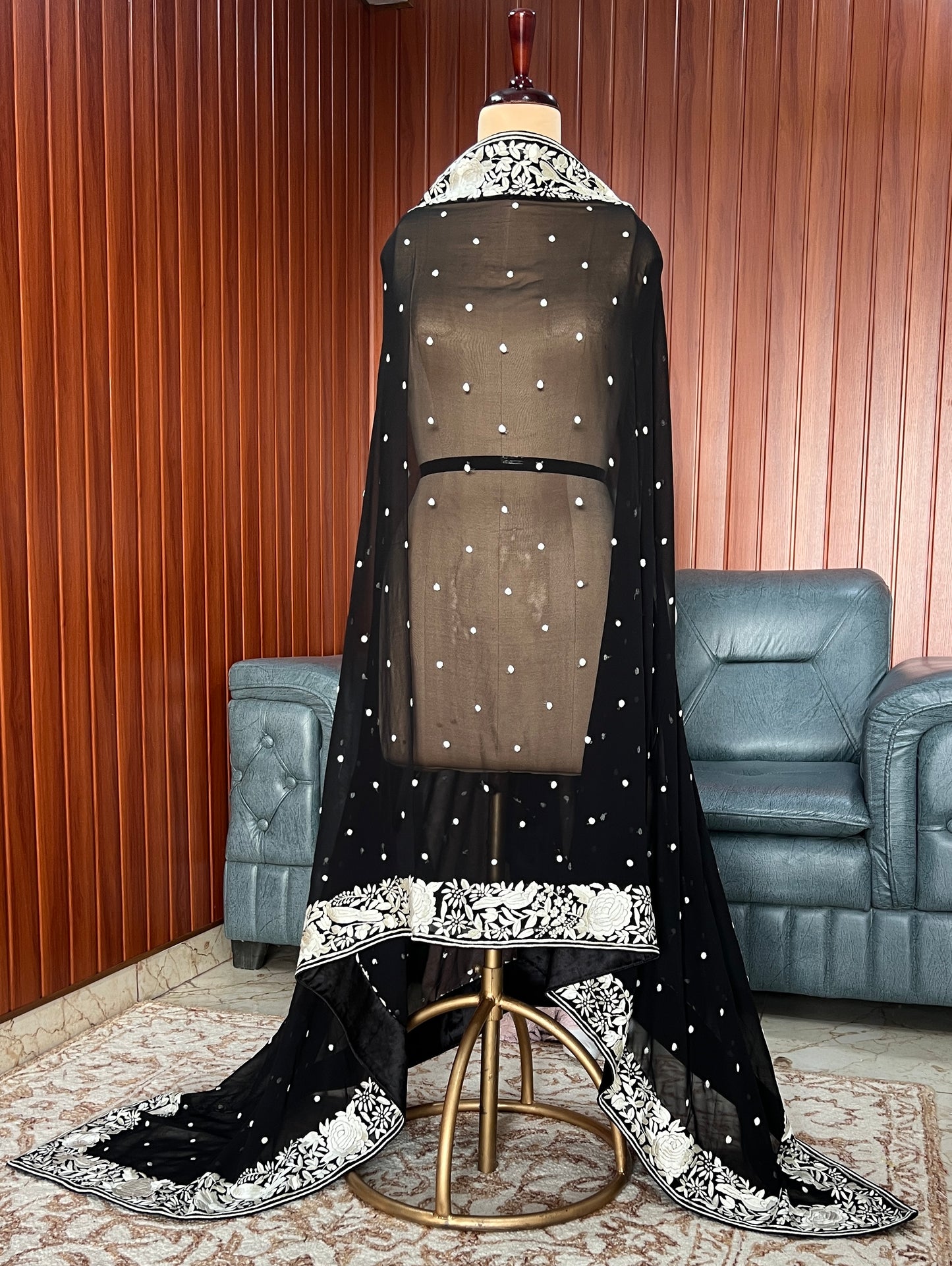 Black and Ivory Pure Georgette Dupatta With Parsi Gara Hand Embroidery