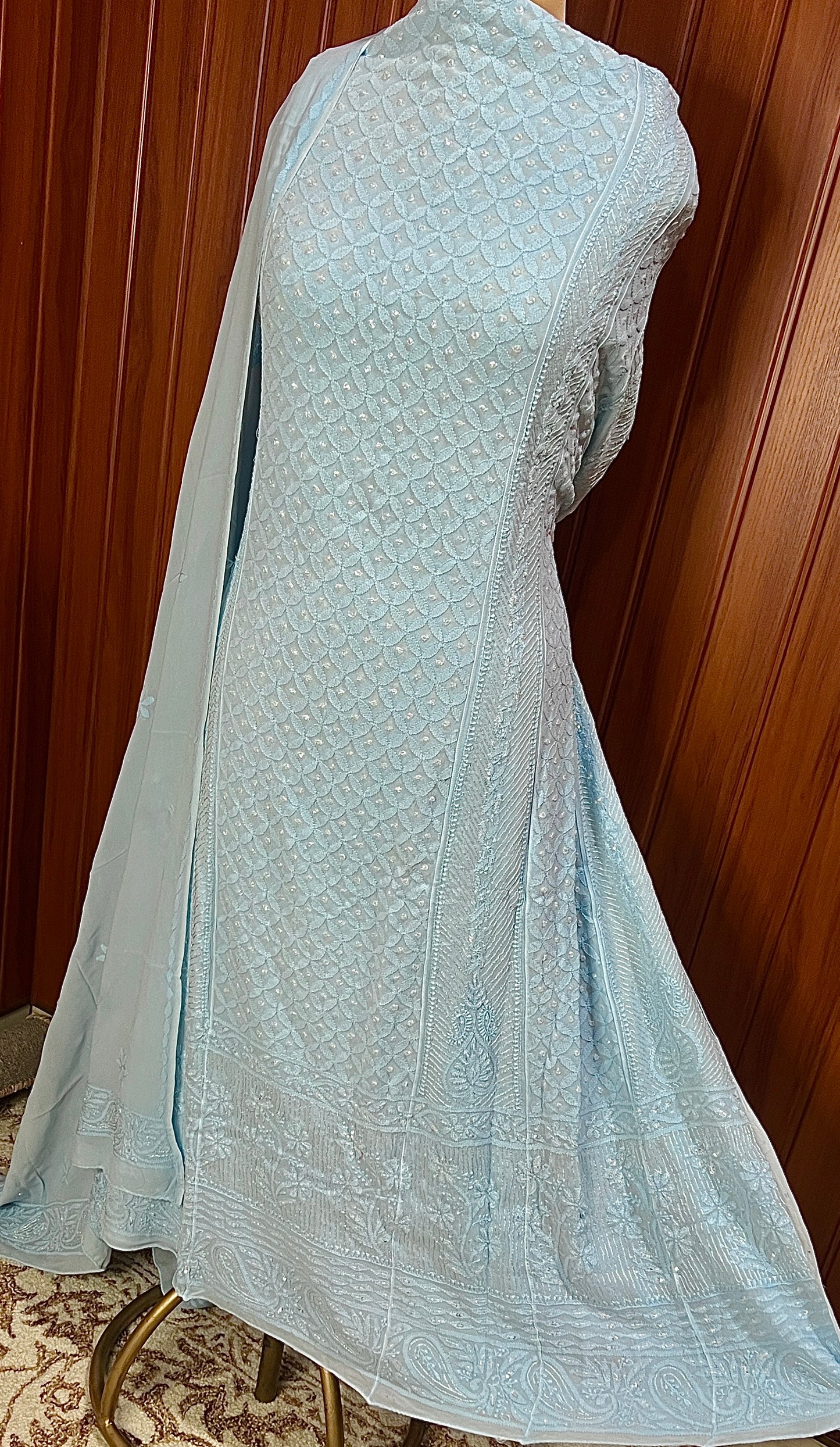 Sky Blue Chikankari and Cut Dana Embroidered Anarkali with Dupatta