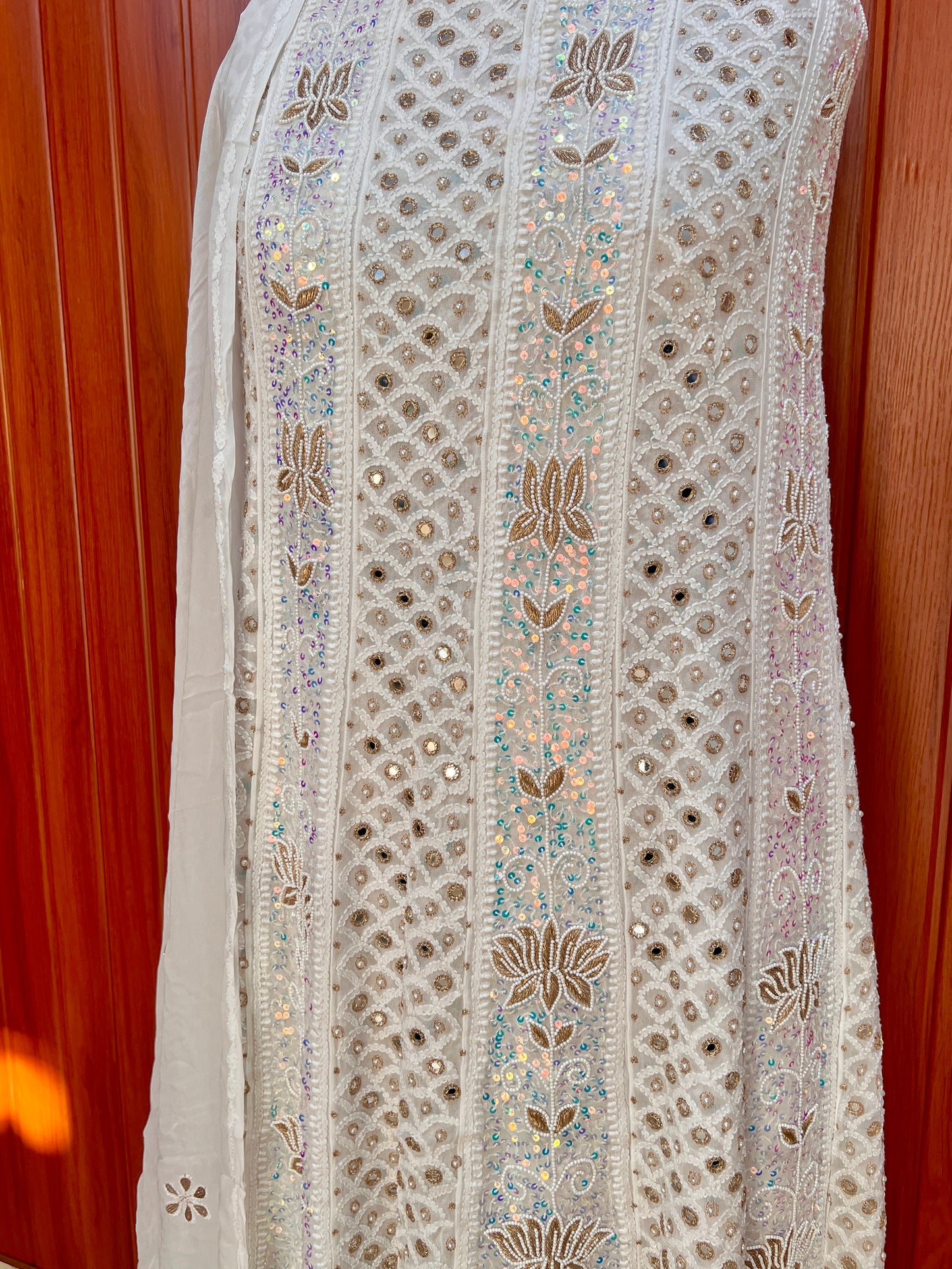 White Chikankari Mirror Pearl Sequins Anarkali with Dupatta