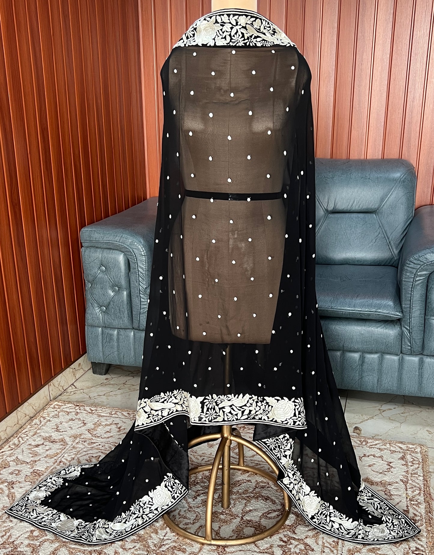 Black and Ivory Pure Georgette Dupatta With Parsi Gara Hand Embroidery