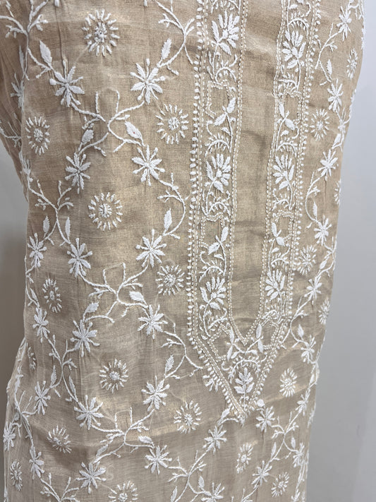 Tissue Chanderi Silk fine Chikankari Kurta Fabric