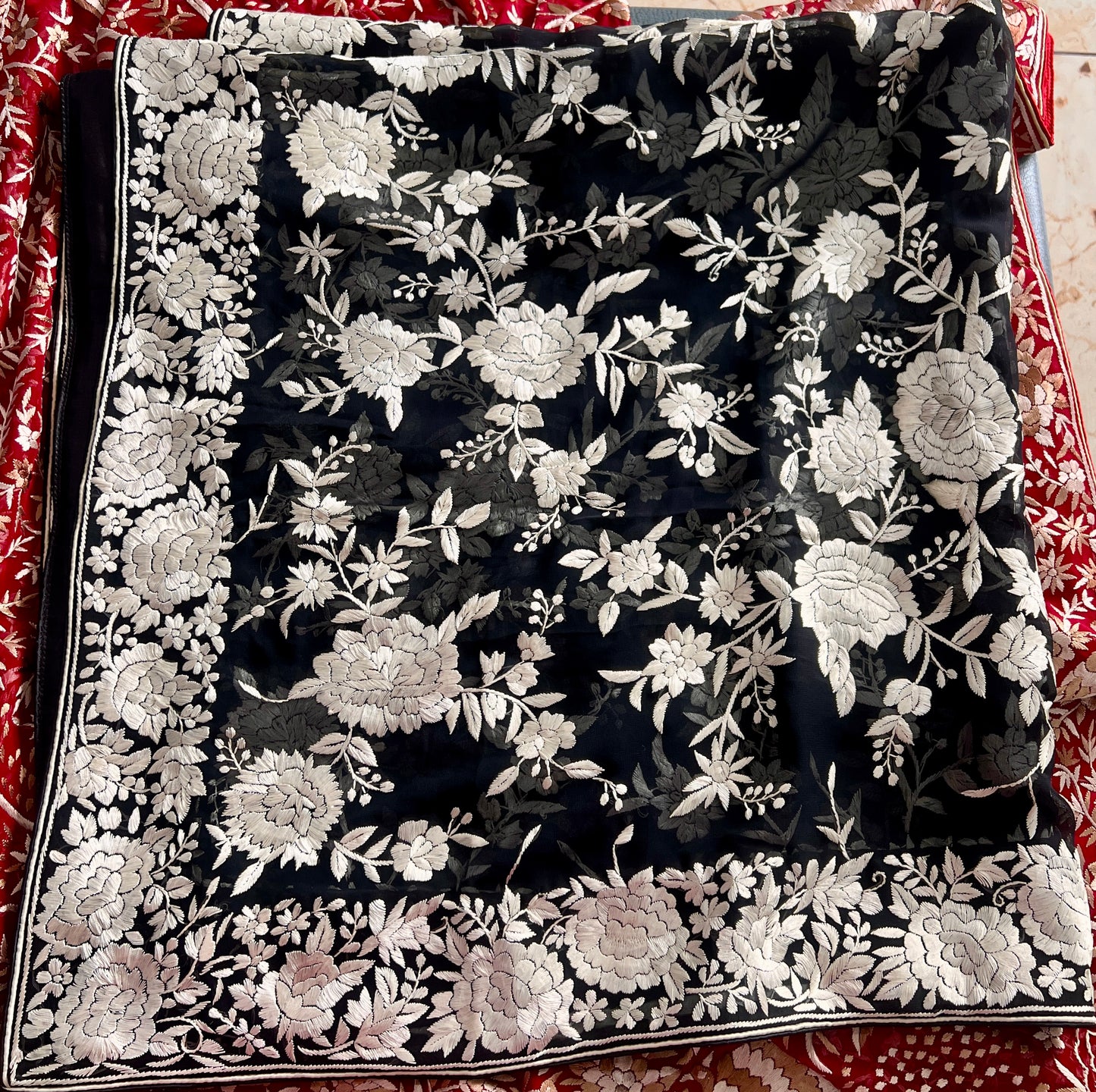 Black and Ivory Masterpiece Parsi Gara Hand Embroidered Dupatta