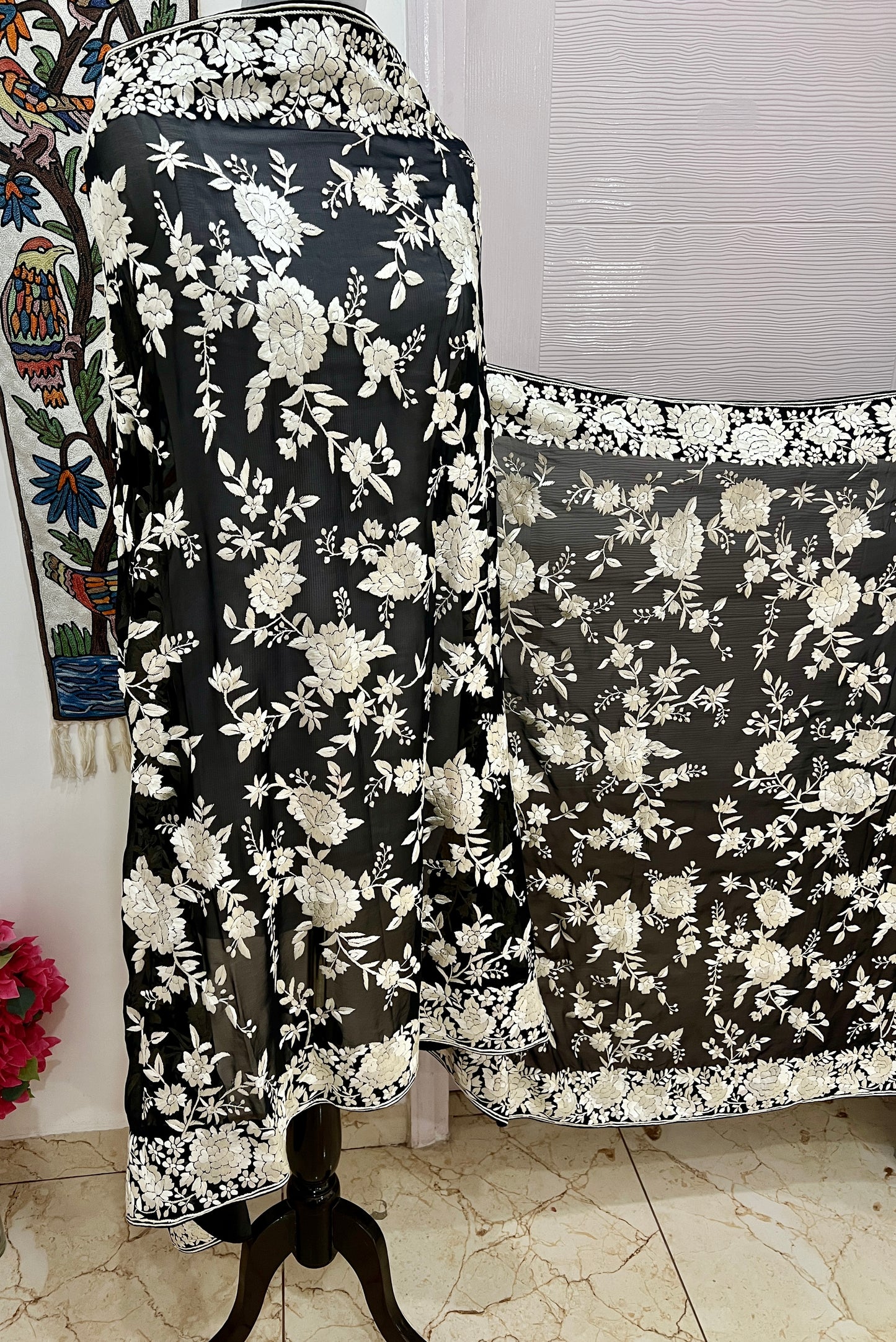 Black and Ivory Masterpiece Parsi Gara Hand Embroidered Dupatta