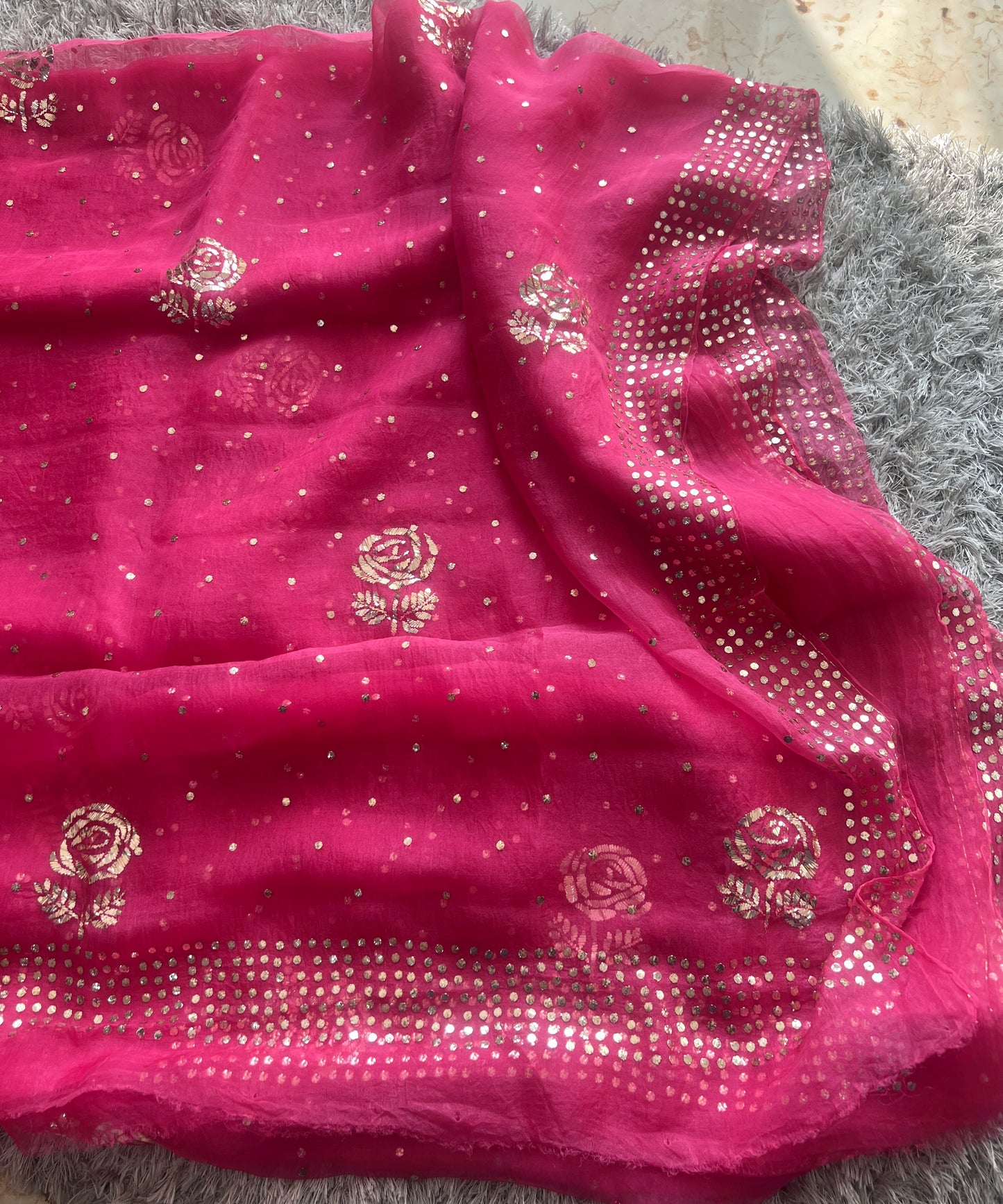 Hot Pink Pure Organza Saree with Badla and Mukaish Work