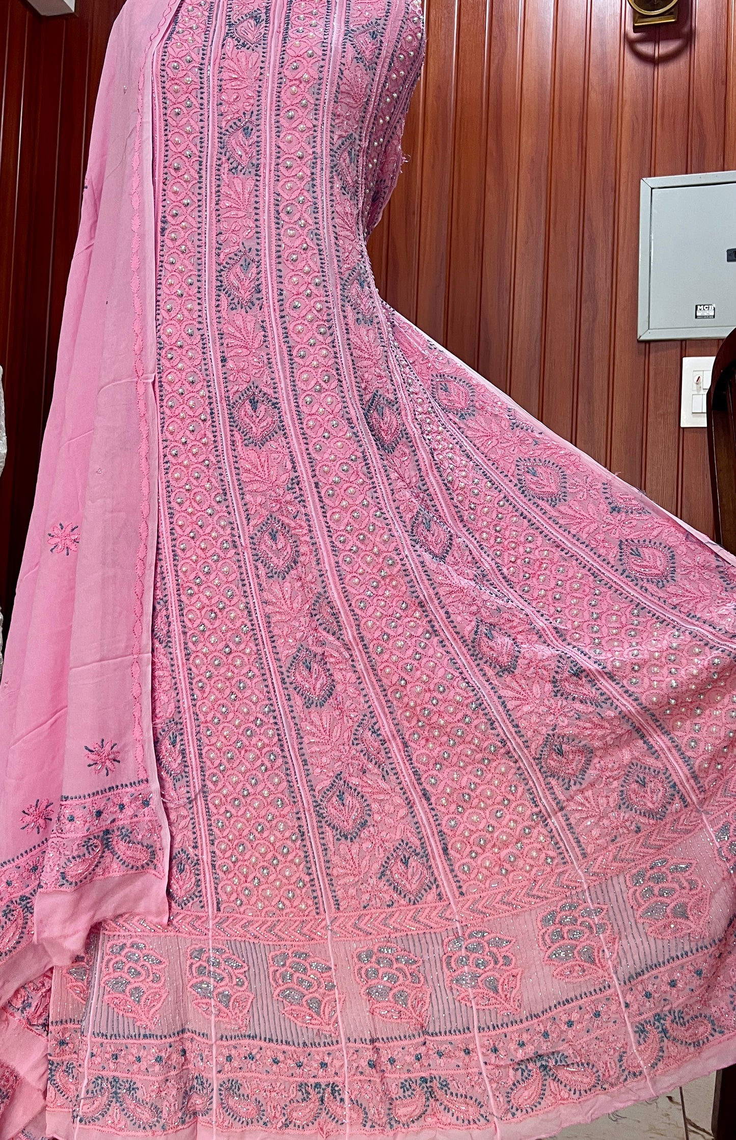 Pink Resham Chikankari Pearl Embroidered Anarkali with Dupatta