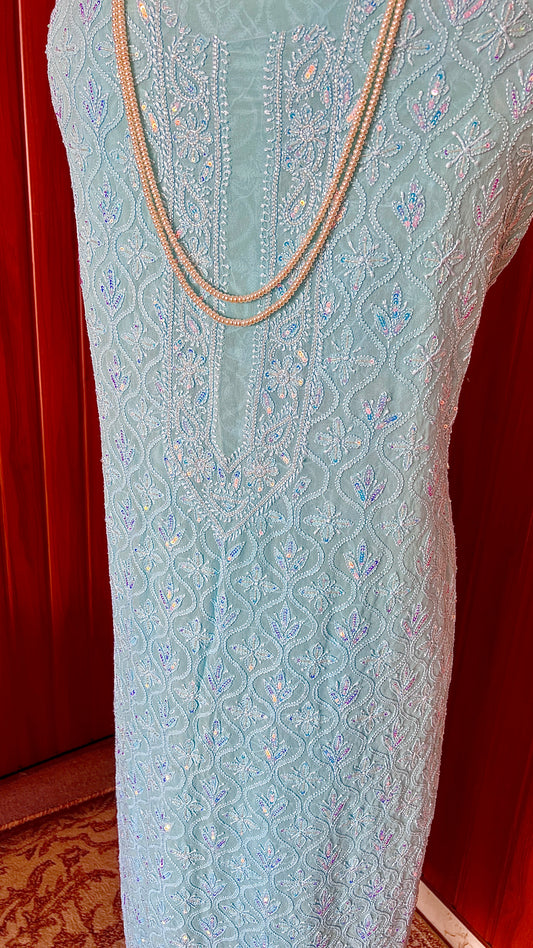 Firozi Pure Georgette Allover Chikankari and Cut dana sequins Men's Kurta Fabric