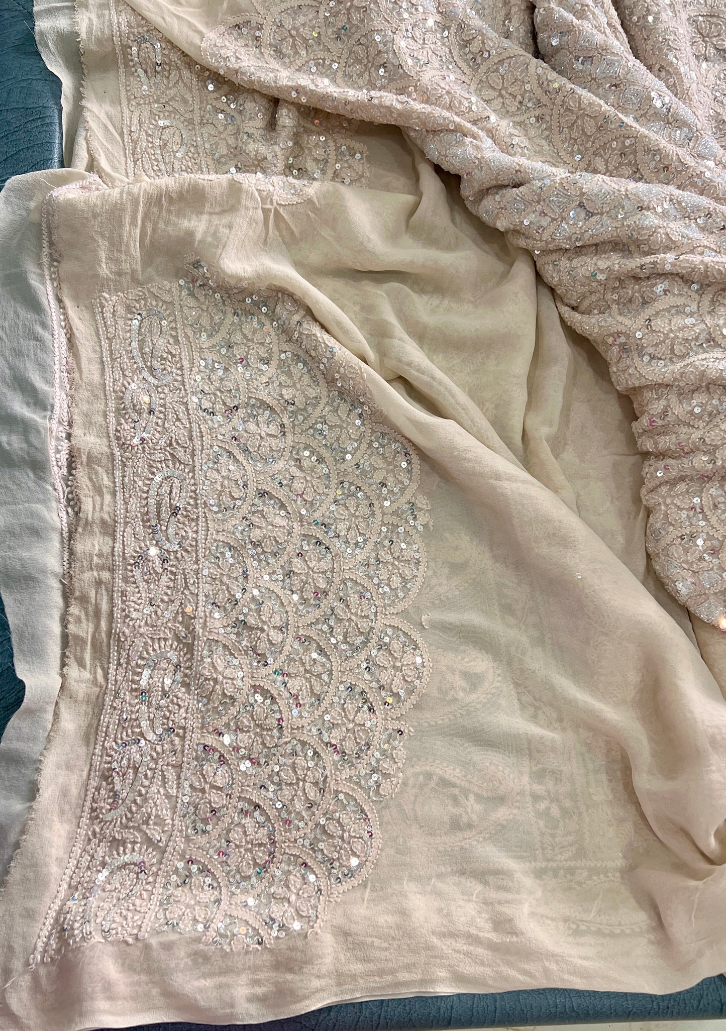 Ruhani Champagne Masterpiece Chikankari Cut Dana and Heavy Sequins Saree