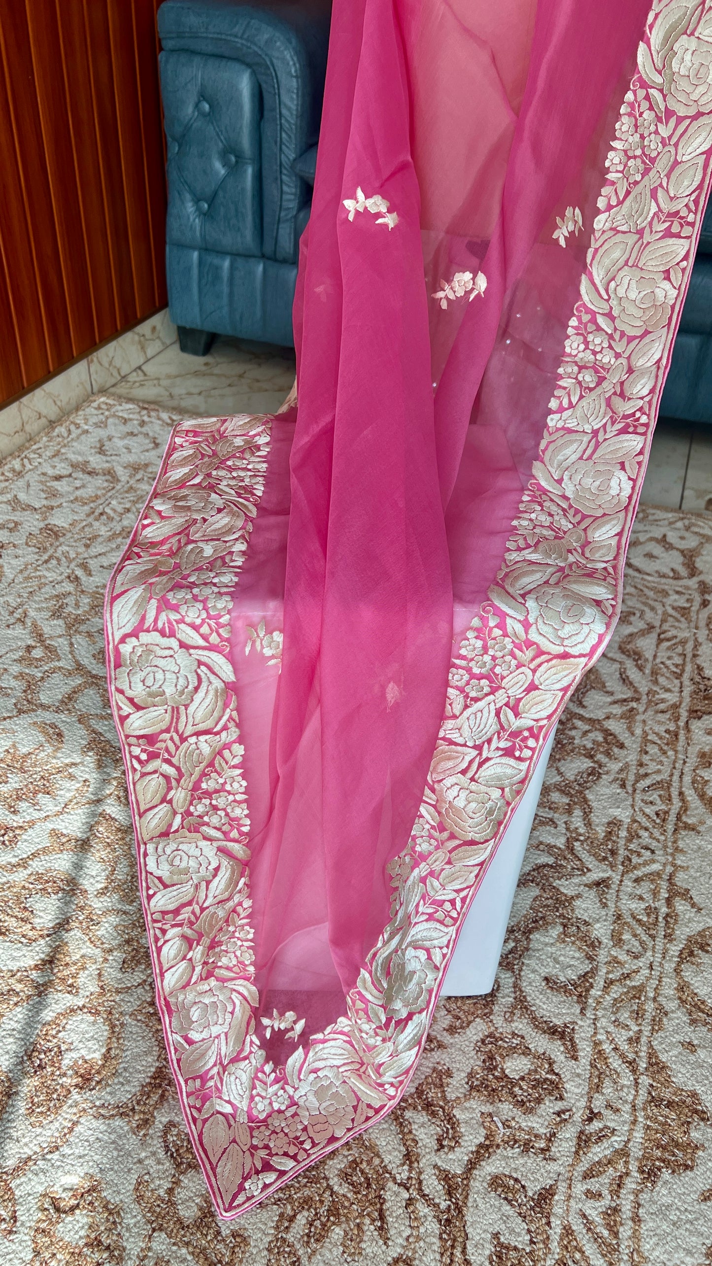 Rose Pink Organza Dupatta with Parsi Gara Hand Embroidery