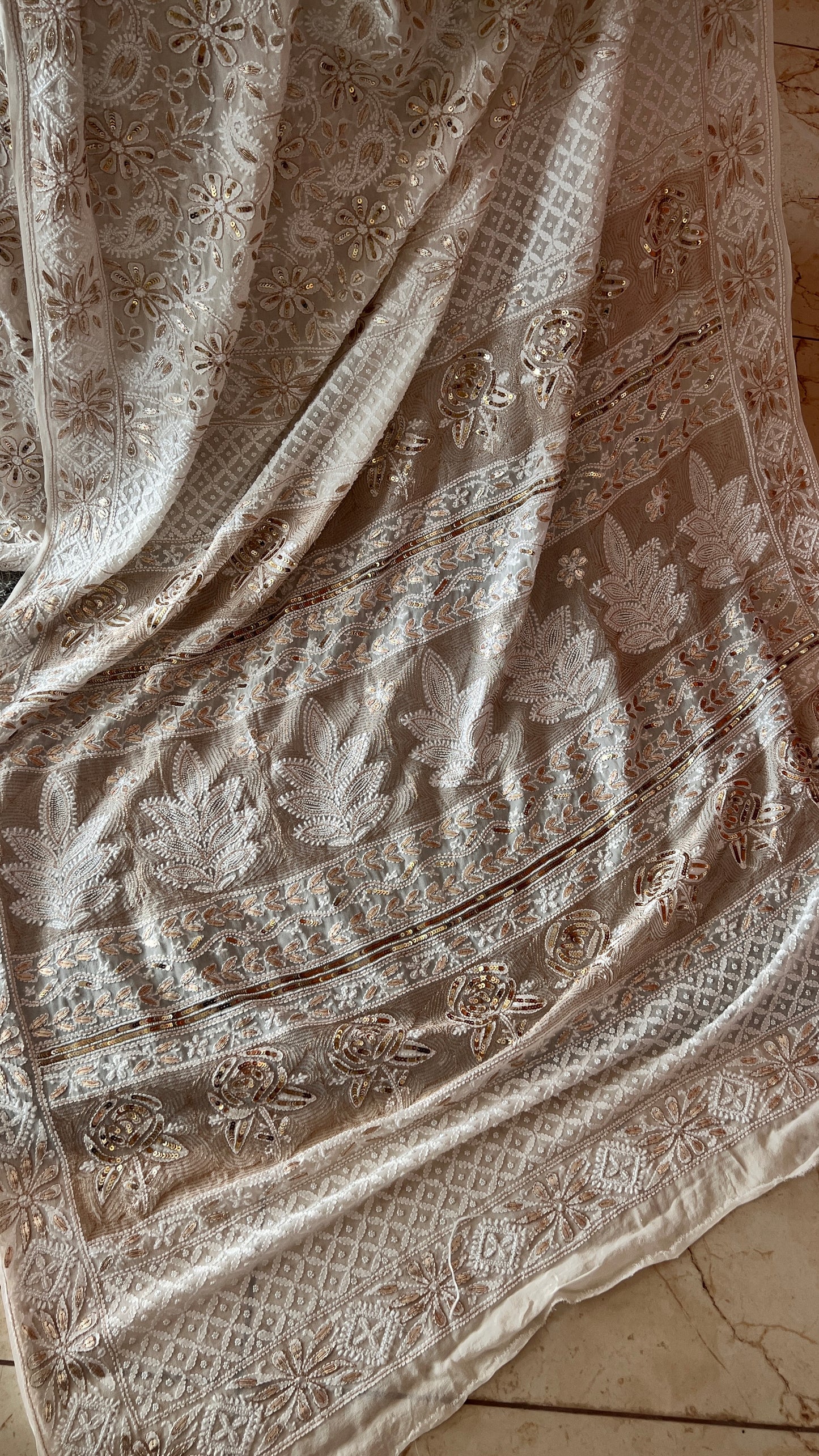 Ruhani Ivory Chikankari Saree with Gota Patti Sequins Pearl and Aari Embroidery