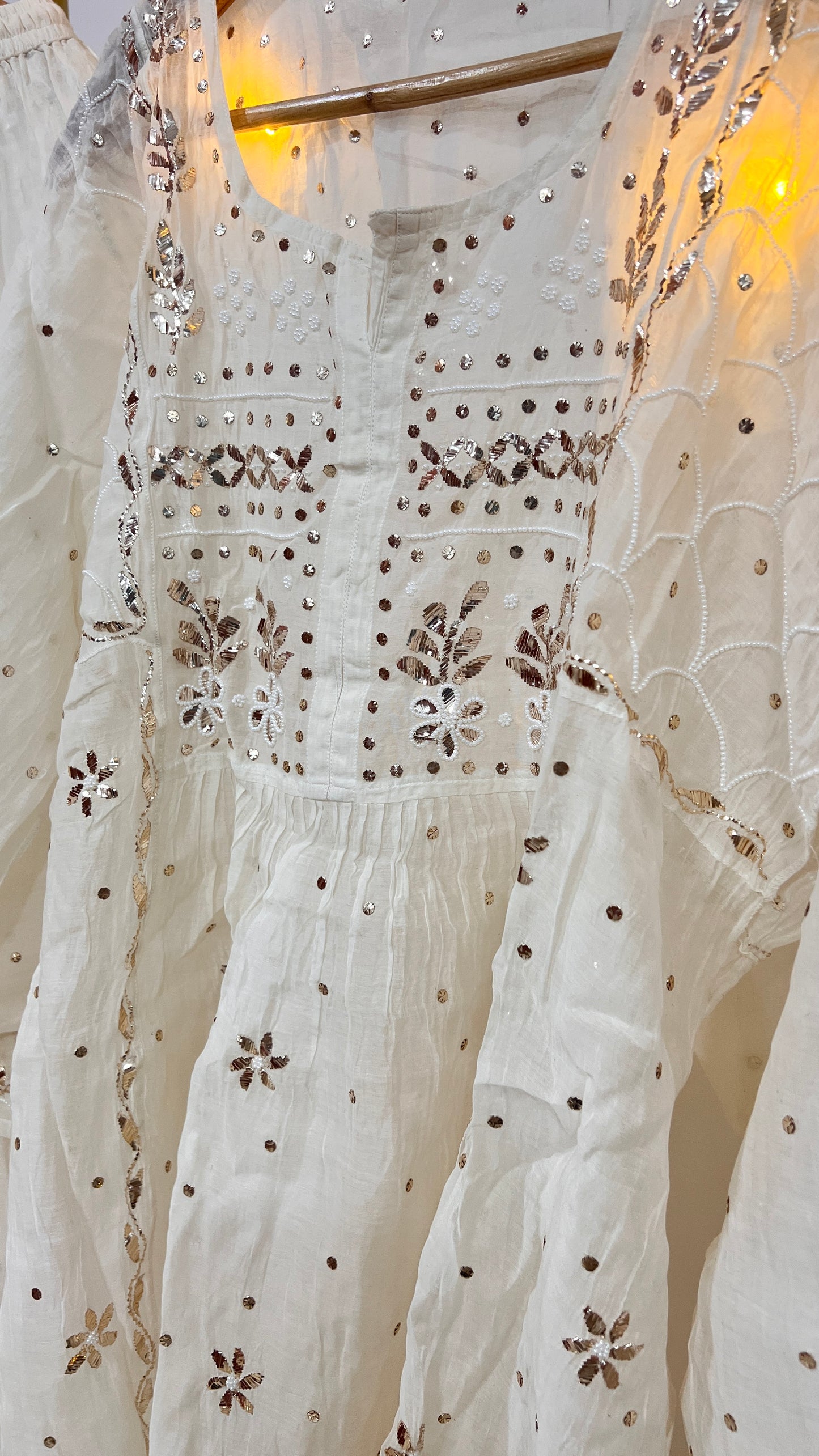 Ivory Badla Mukaish and pearl work Mul Chanderi Sharara Suit