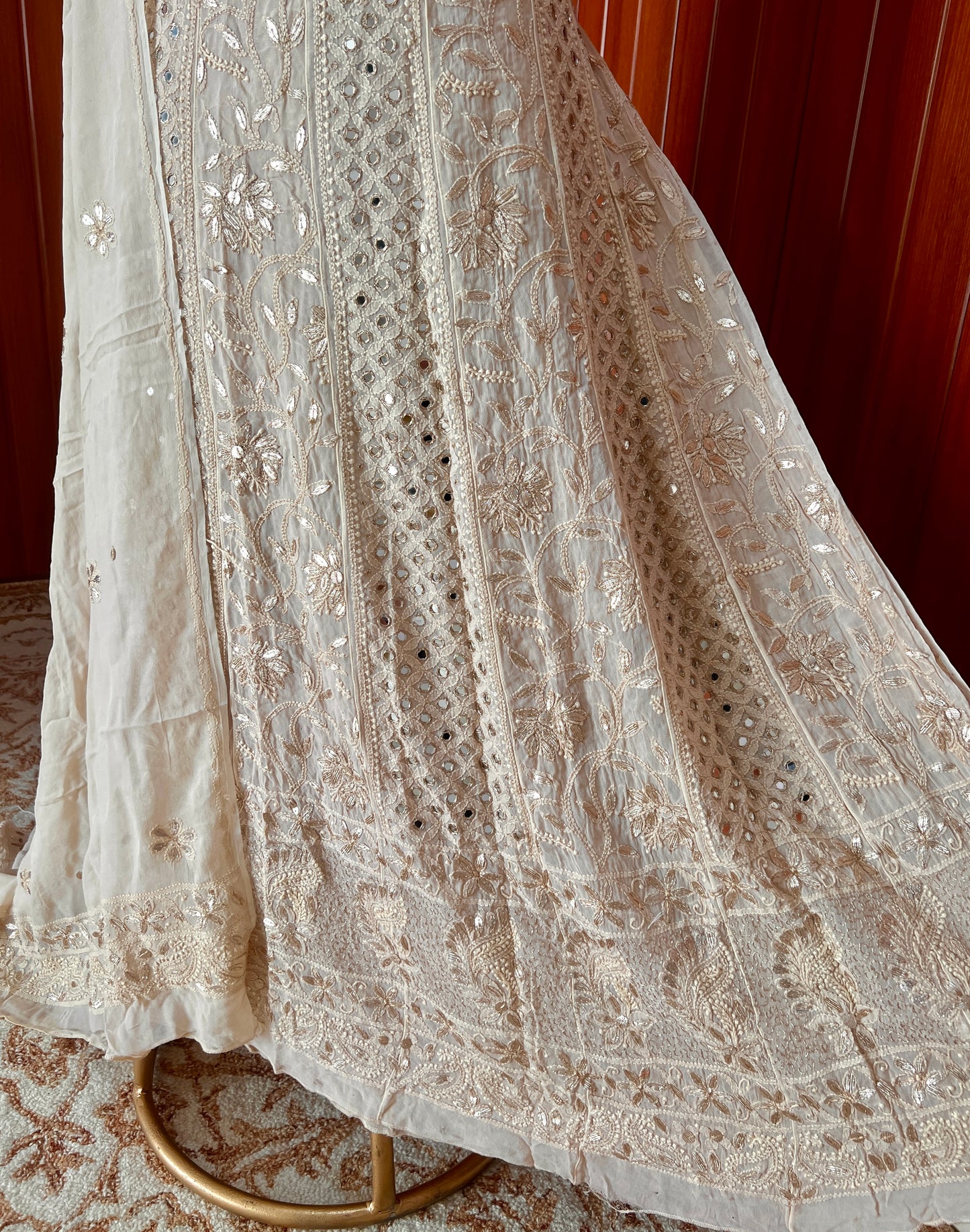 Champagne Chikankari Mirror Gota Patti Anarkali with Dupatta