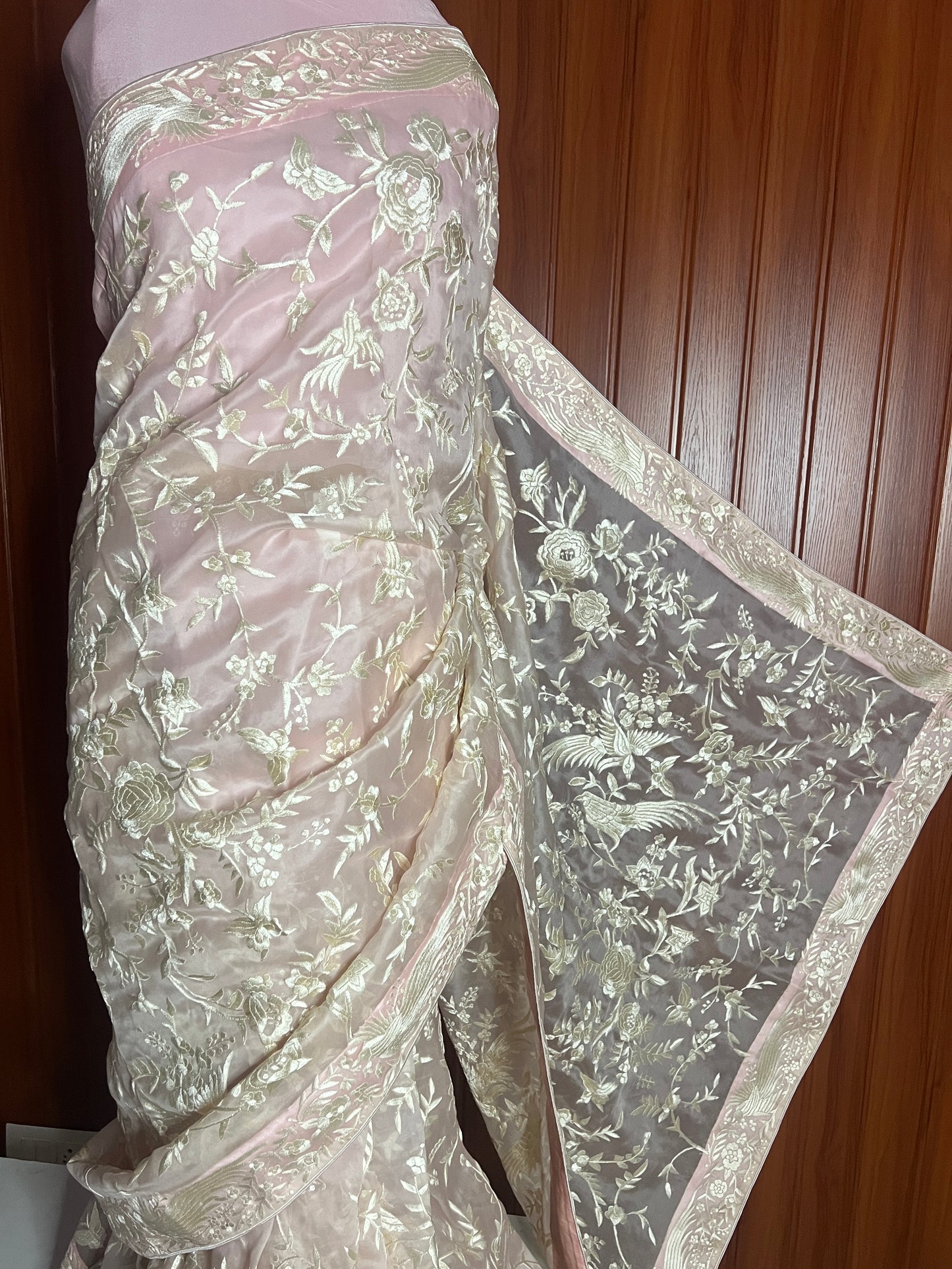 Light Pink Masterpiece Parsi Gara Hand Embroidered Pure Organza Saree