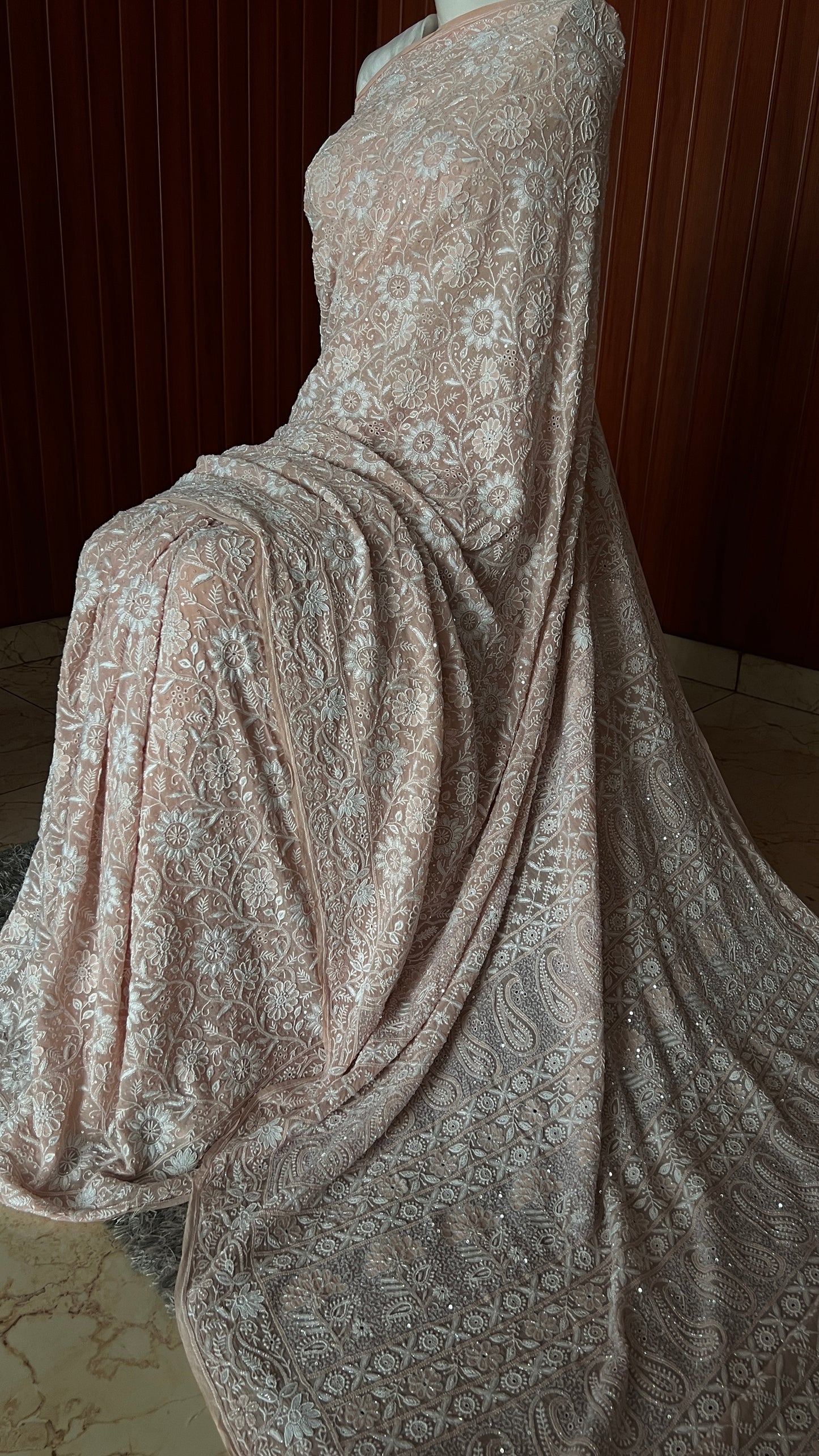 Ruhani Old Rose Pink 2 and 3 taar Chikankari Masterpiece Saree