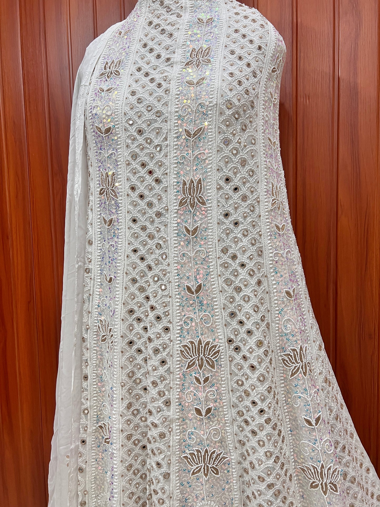 White Chikankari Mirror Pearl Sequins Anarkali with Dupatta