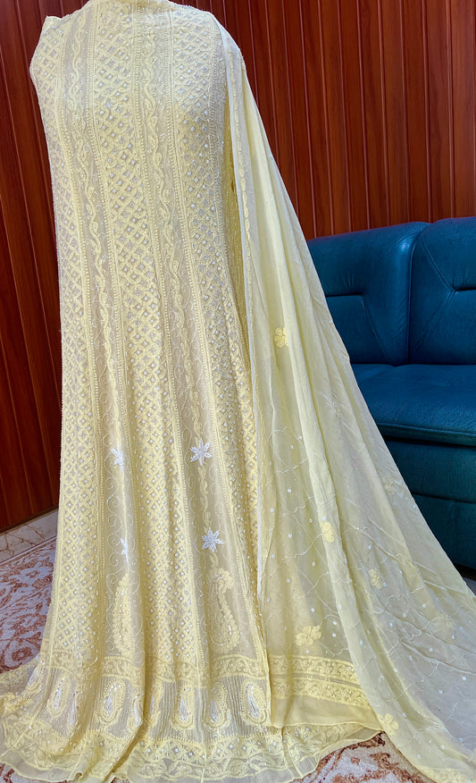 Lemon Yellow Chikankari Pearl Cut Dana Anarkali with Dupatta