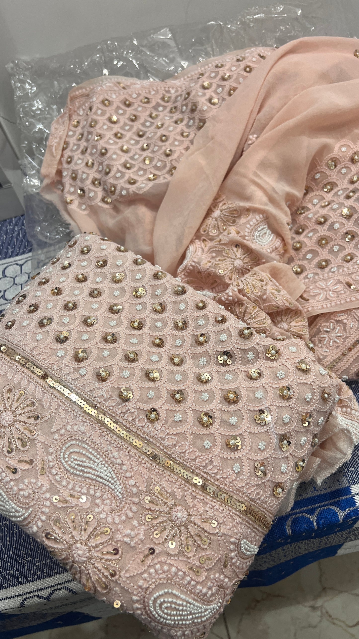 Ruhani Rose Gold Champagne Chikankari pearl and sequins wedding lehenga