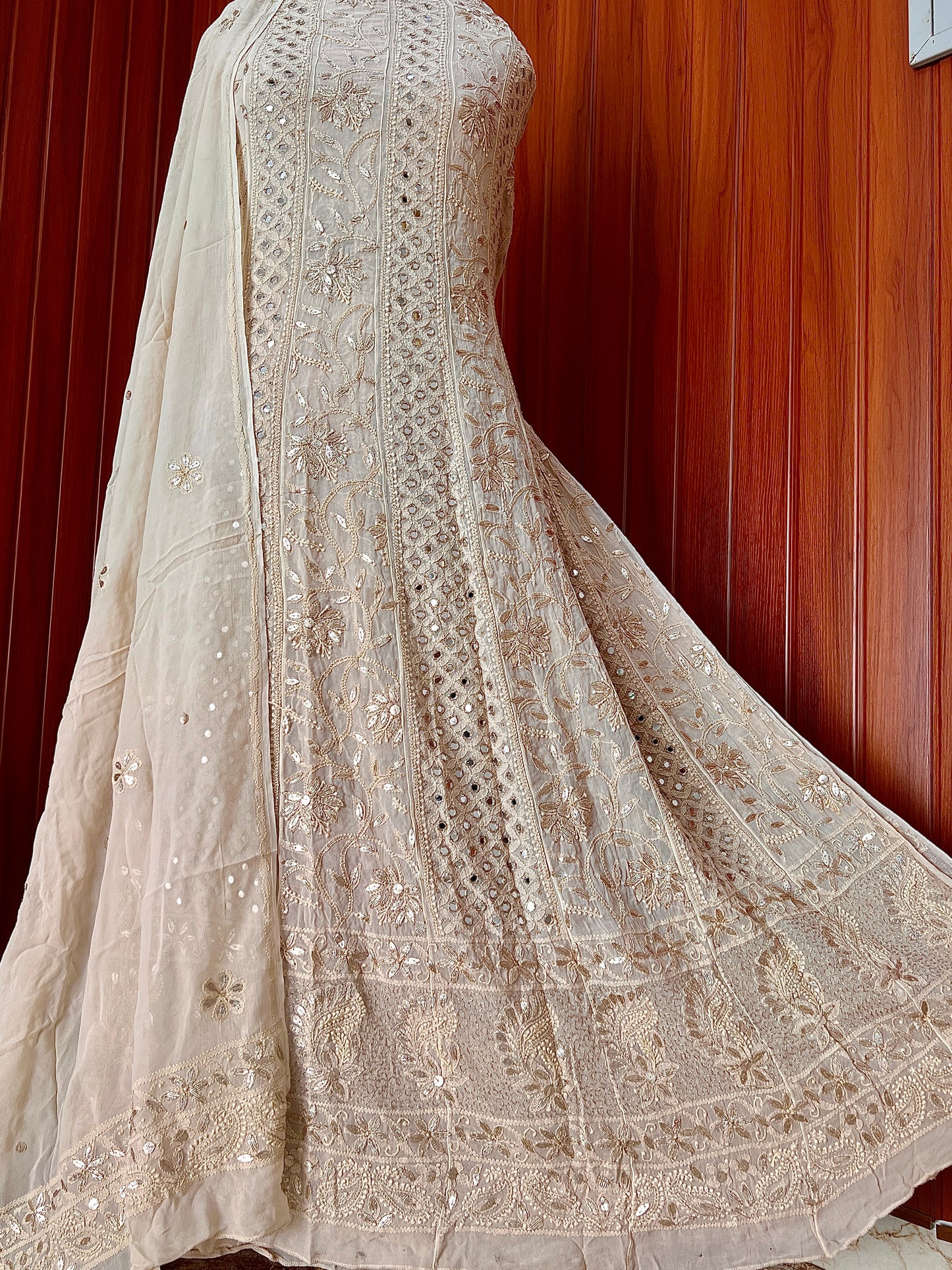 Champagne Chikankari Mirror Gota Patti Anarkali with Dupatta