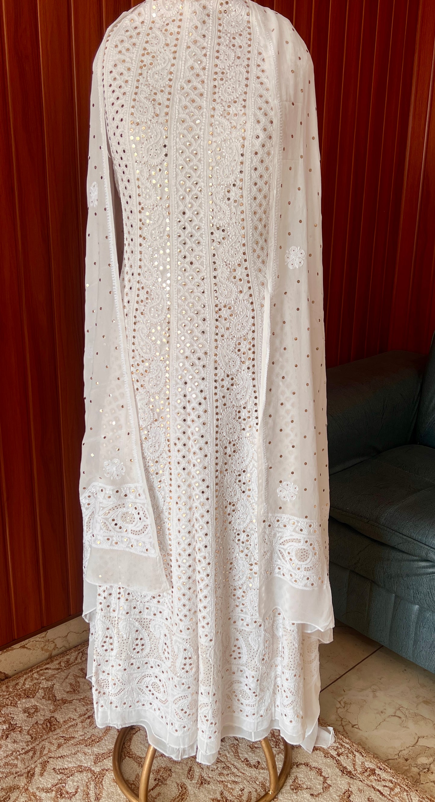 White allover Chikankari and mukaish anarkali with dupatta