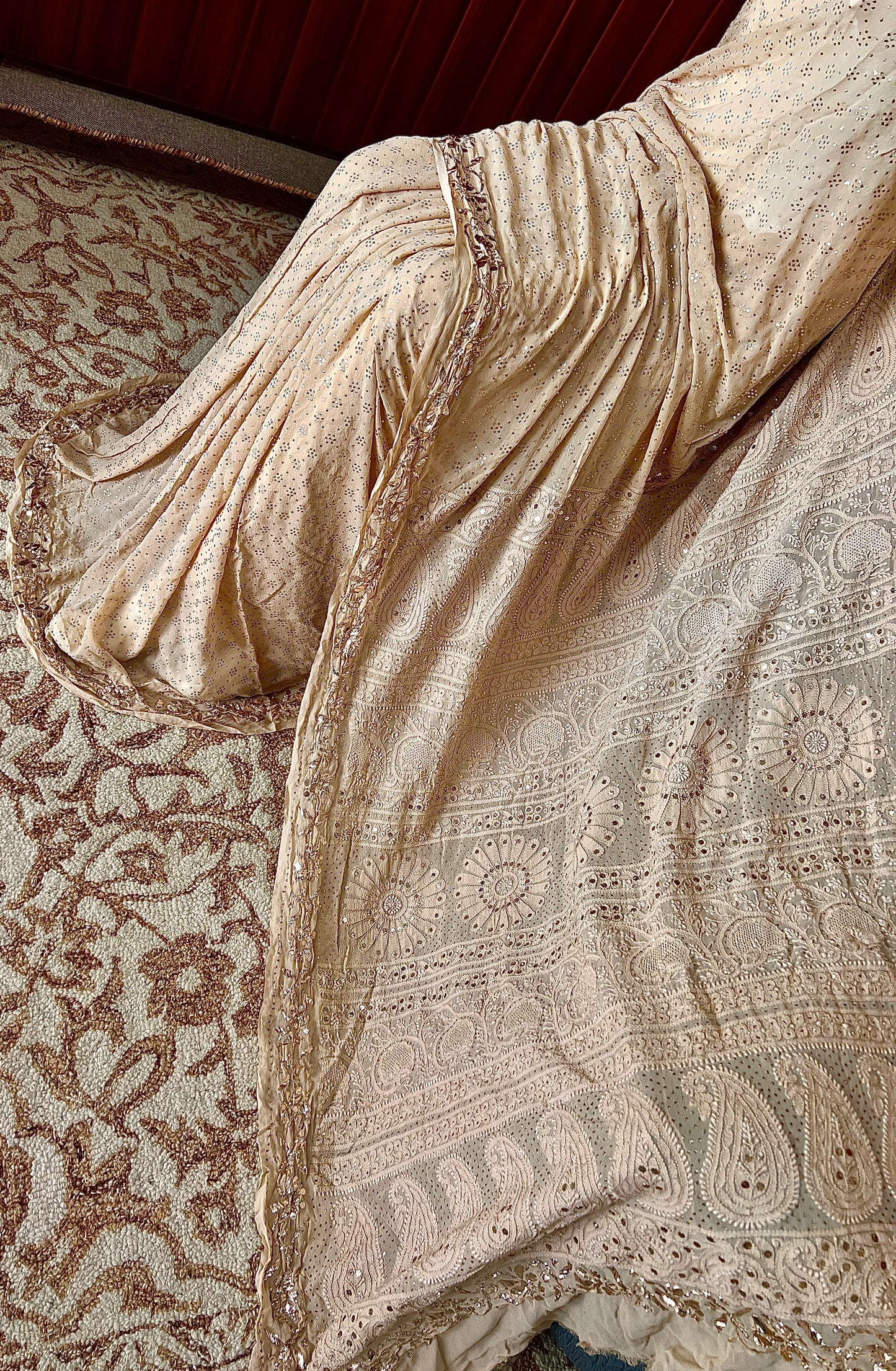 Ruhani Golden Beige Badla Mukaish and chikankari Pure Georgette Saree