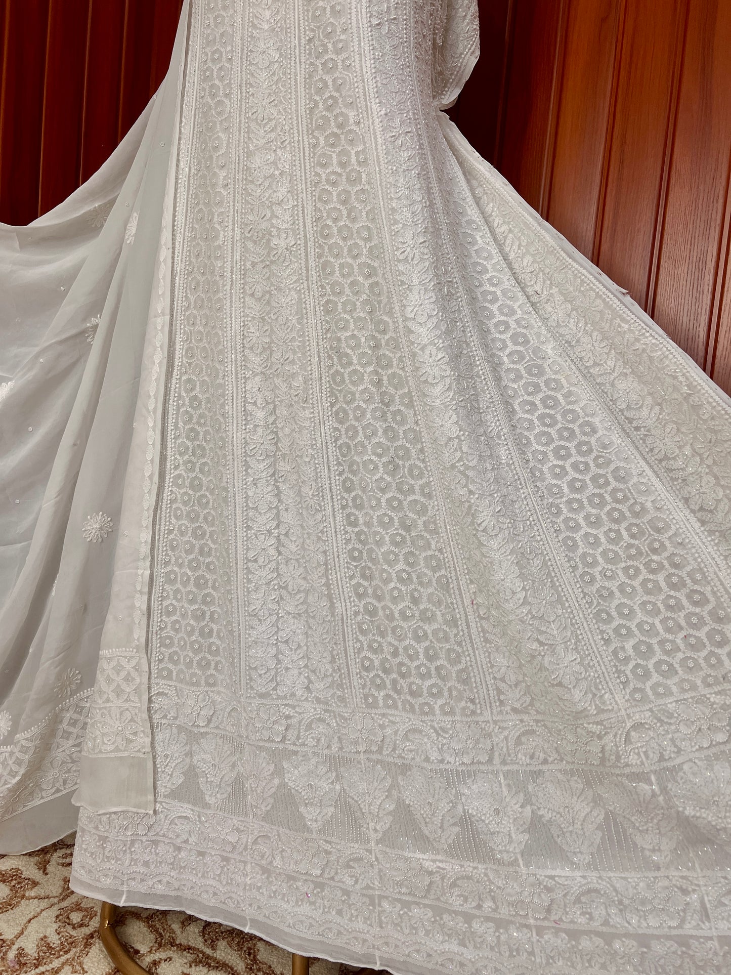 White Chikankari Pearl Cut Dana Anarkali with Dupatta