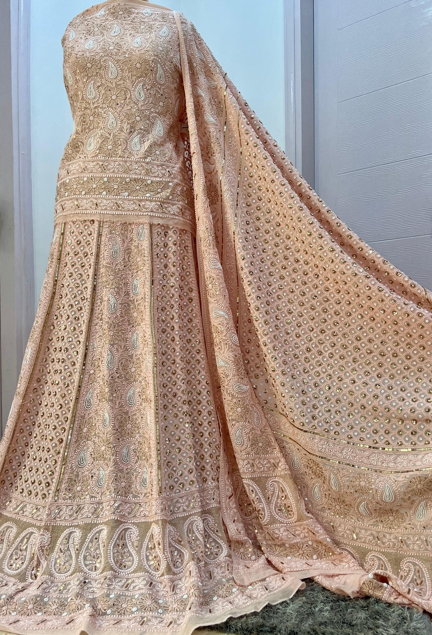 Ruhani Rose Gold Champagne Chikankari pearl and sequins wedding lehenga