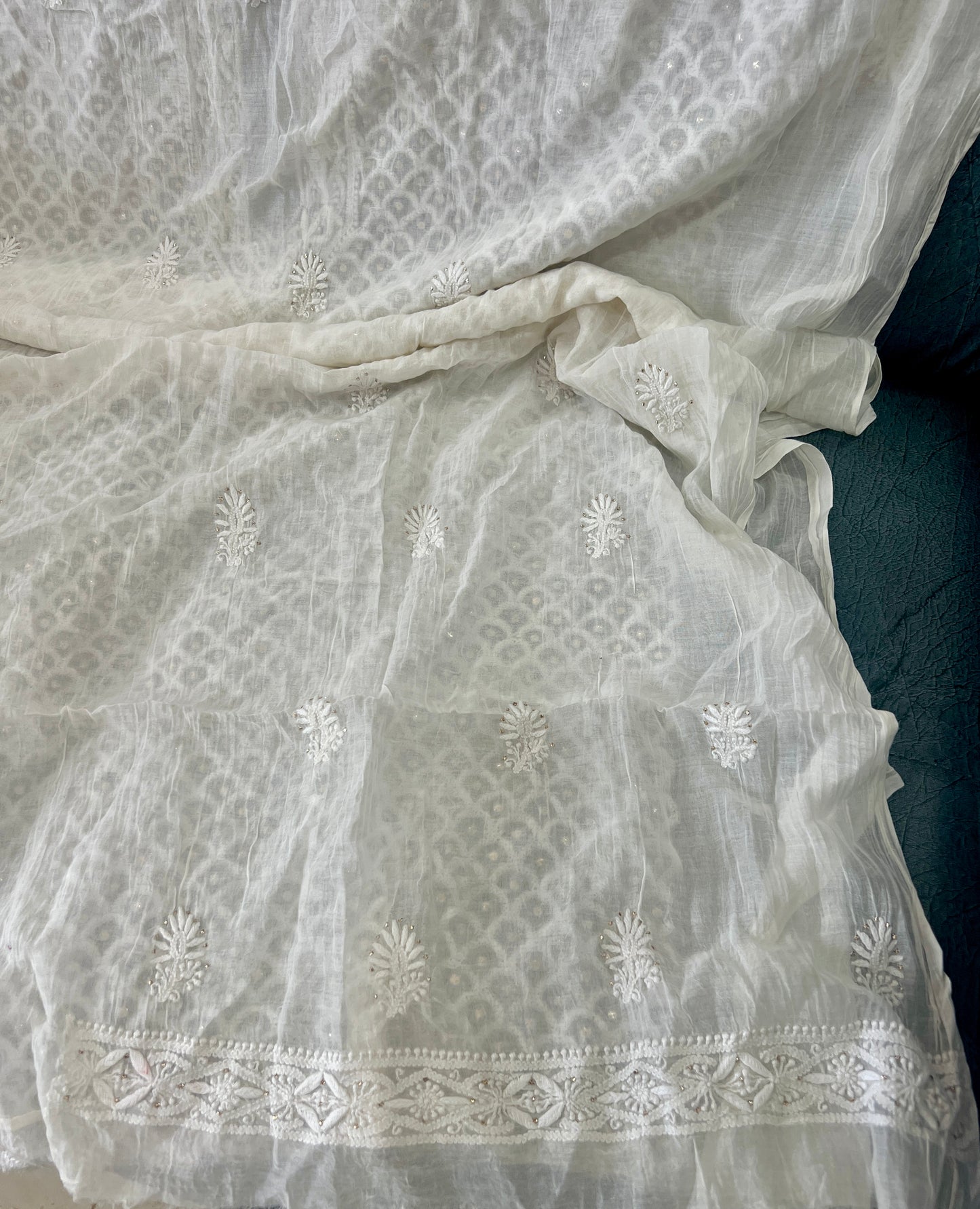 Ivory Chanderi Silk Chikankari and Mukaish Kurta Fabric