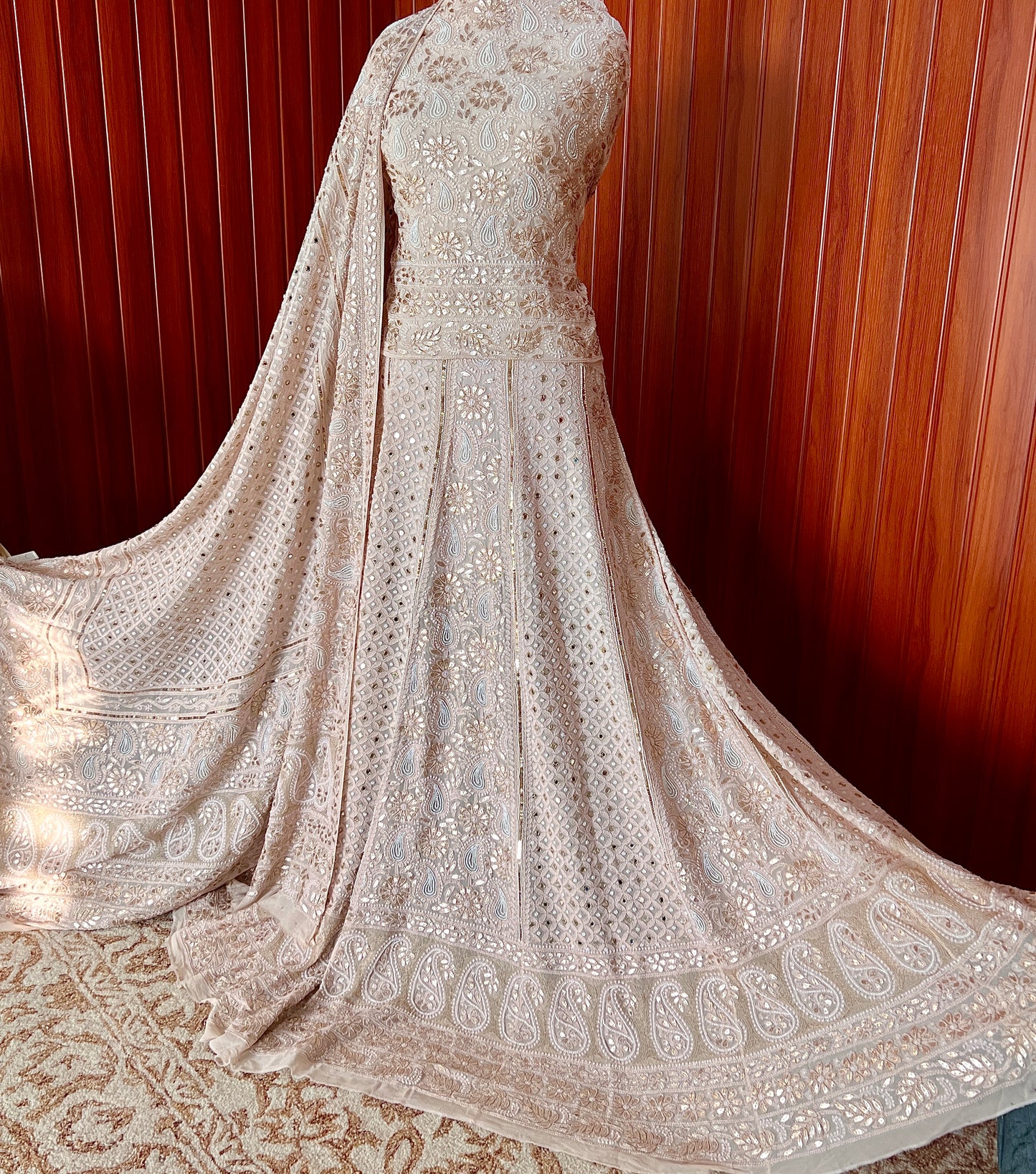 Nude Ruhani chikankari mirror pearl and sequins wedding lehenga