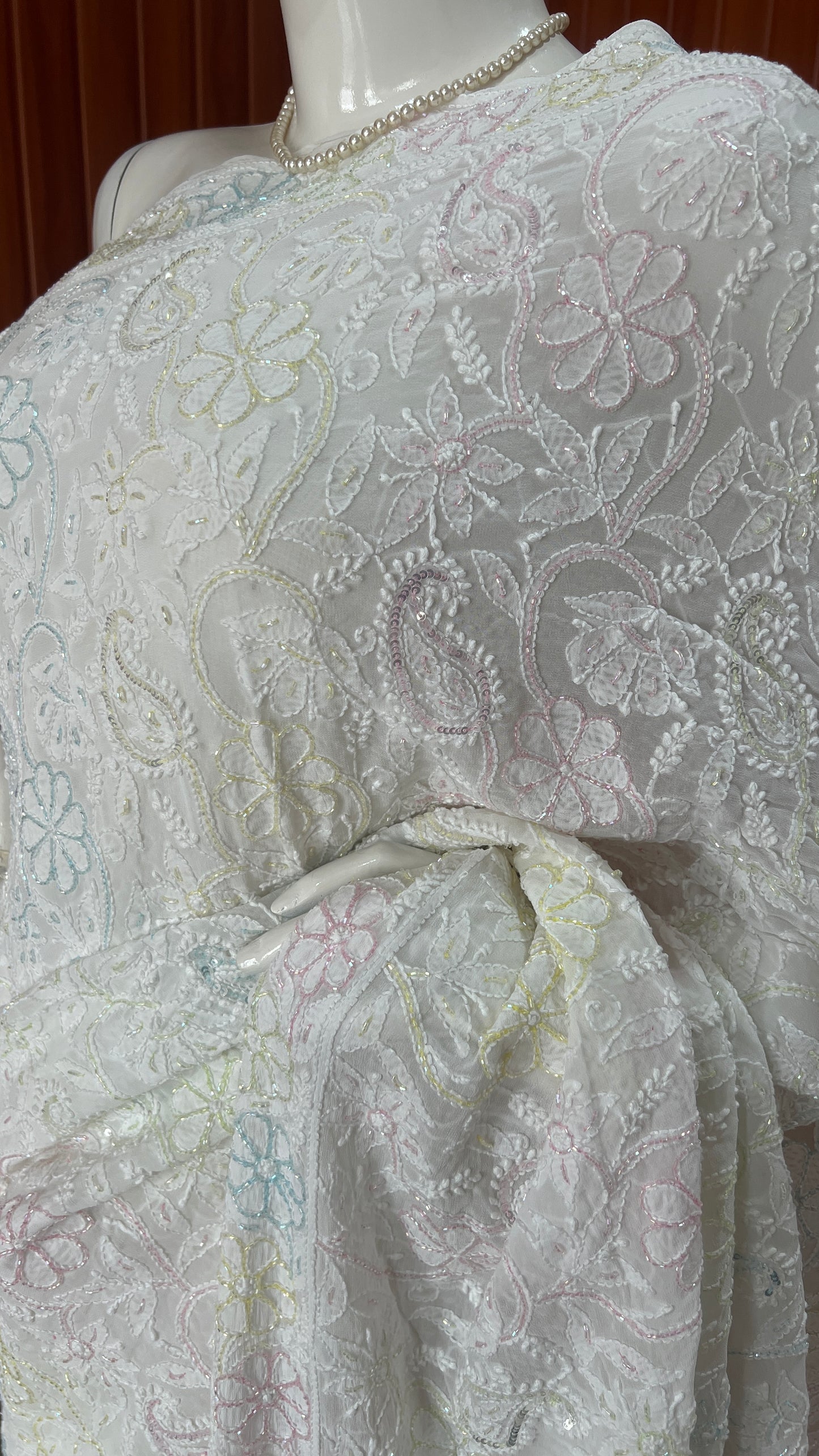 Ruhani White Chikankari and Multicolored Cut Dana Sequins Saree