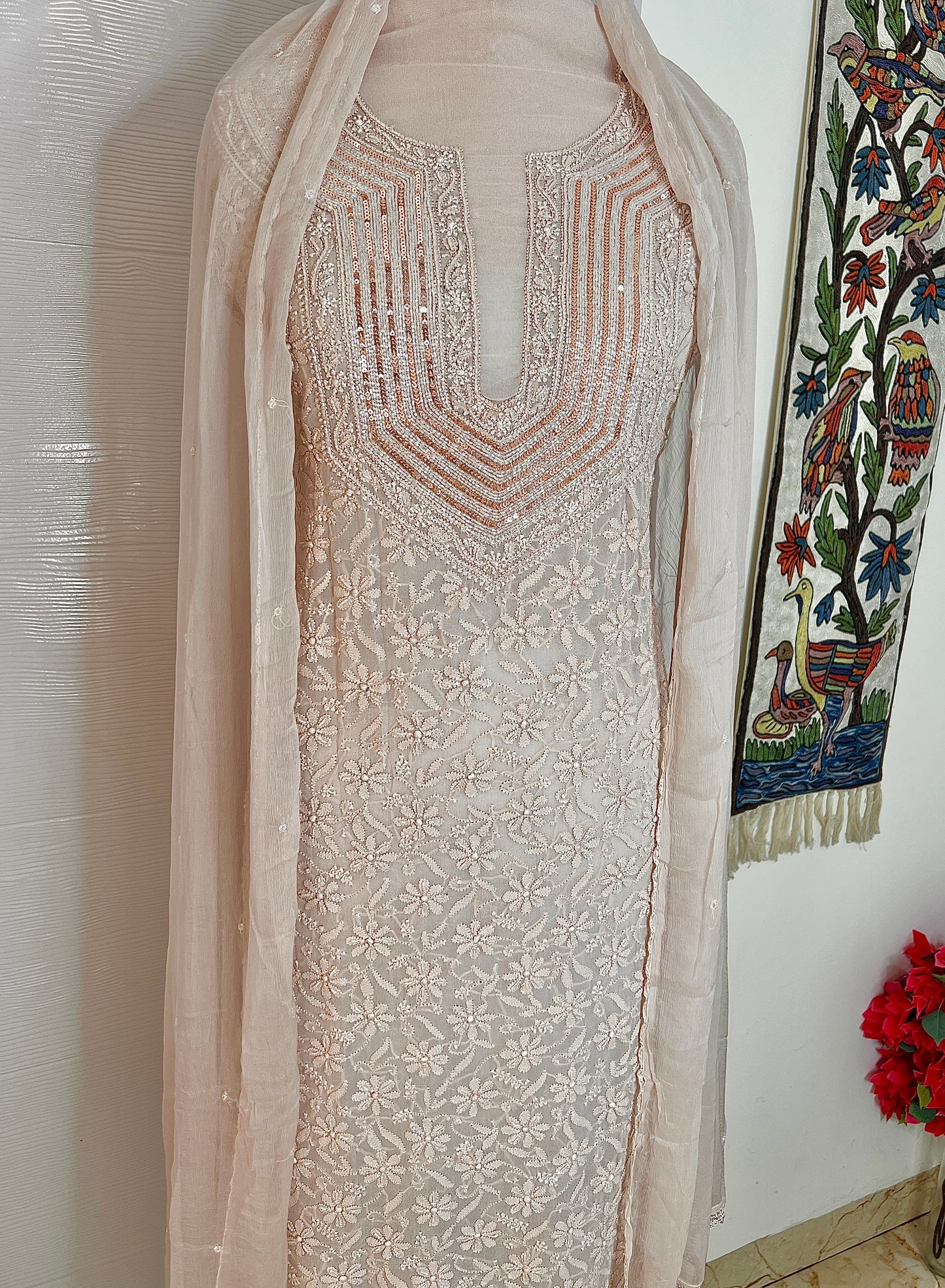 Dusty Pink Chikankari Sequins and Cut Dana Kurta and Dupatta