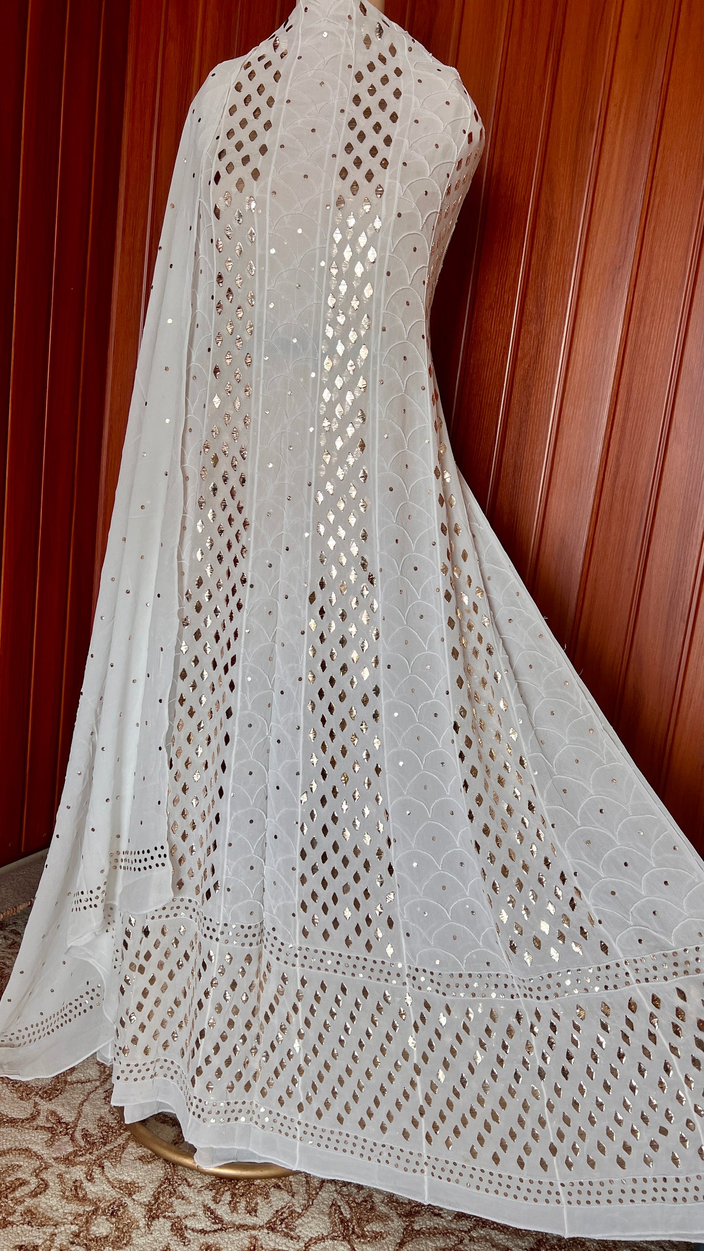 White Allover Mukaish and Pearl work Anarkali with Dupatta