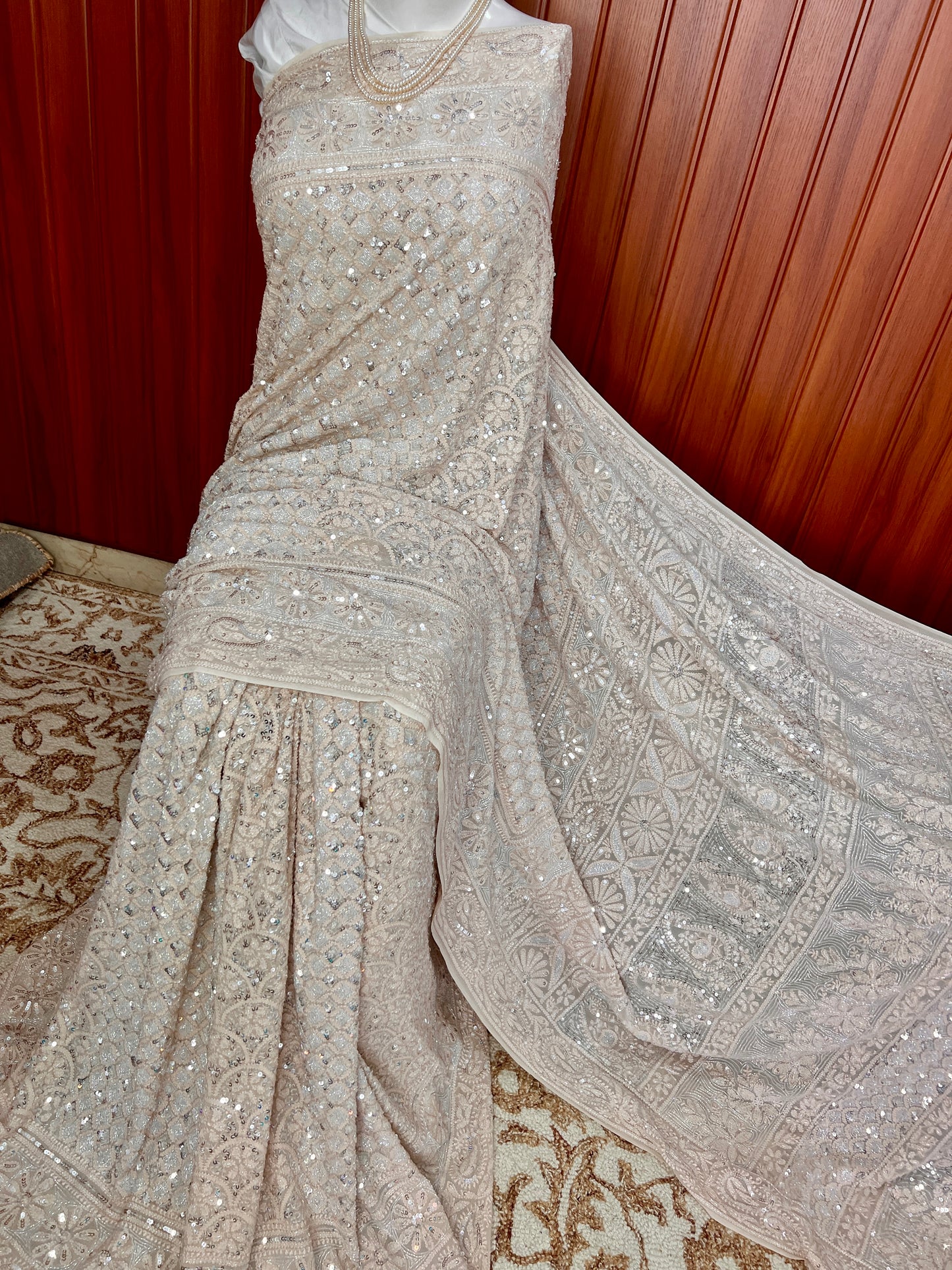 Ruhani Champagne Masterpiece Chikankari Cut Dana and Heavy Sequins Saree