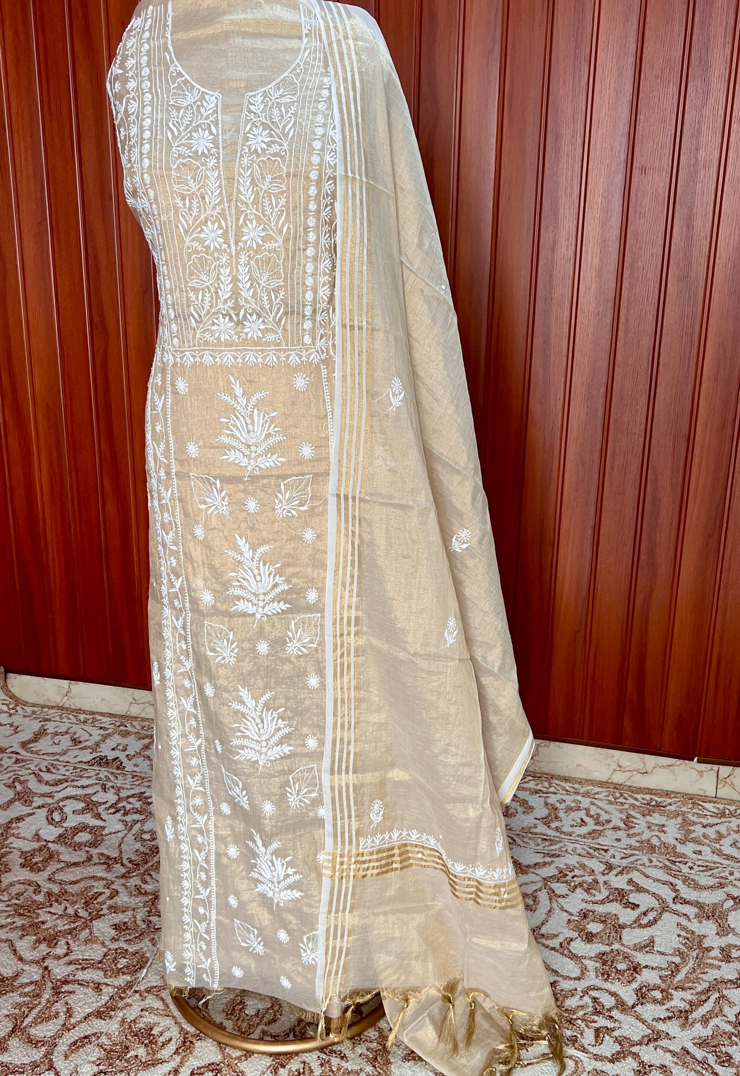 Tissue chanderi silk Chikankari and pearl embroidered kurta and dupatta