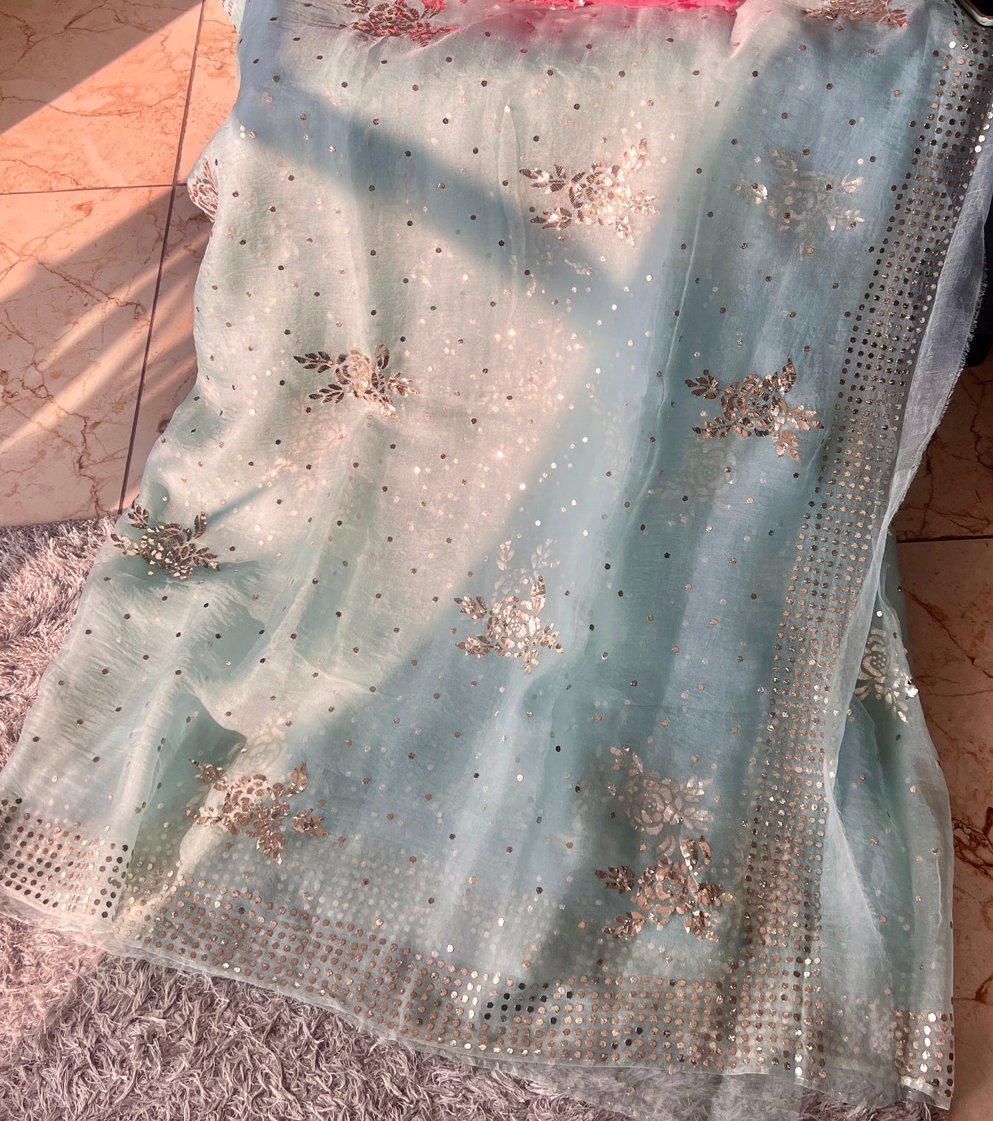 Ocean Blue Pure Organza Saree with Badla and Mukaish Work