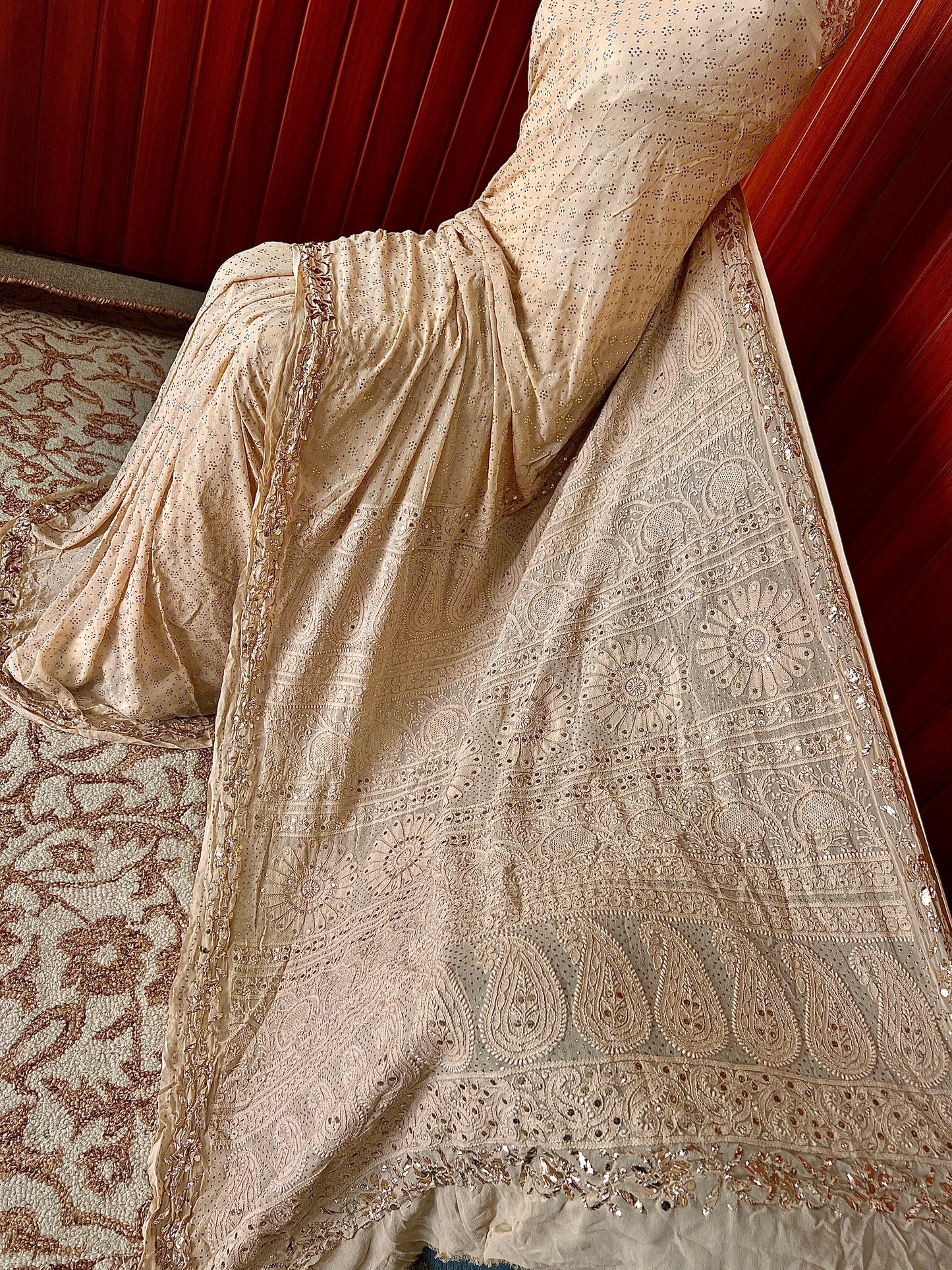 Ruhani Golden Beige Badla Mukaish and chikankari Pure Georgette Saree