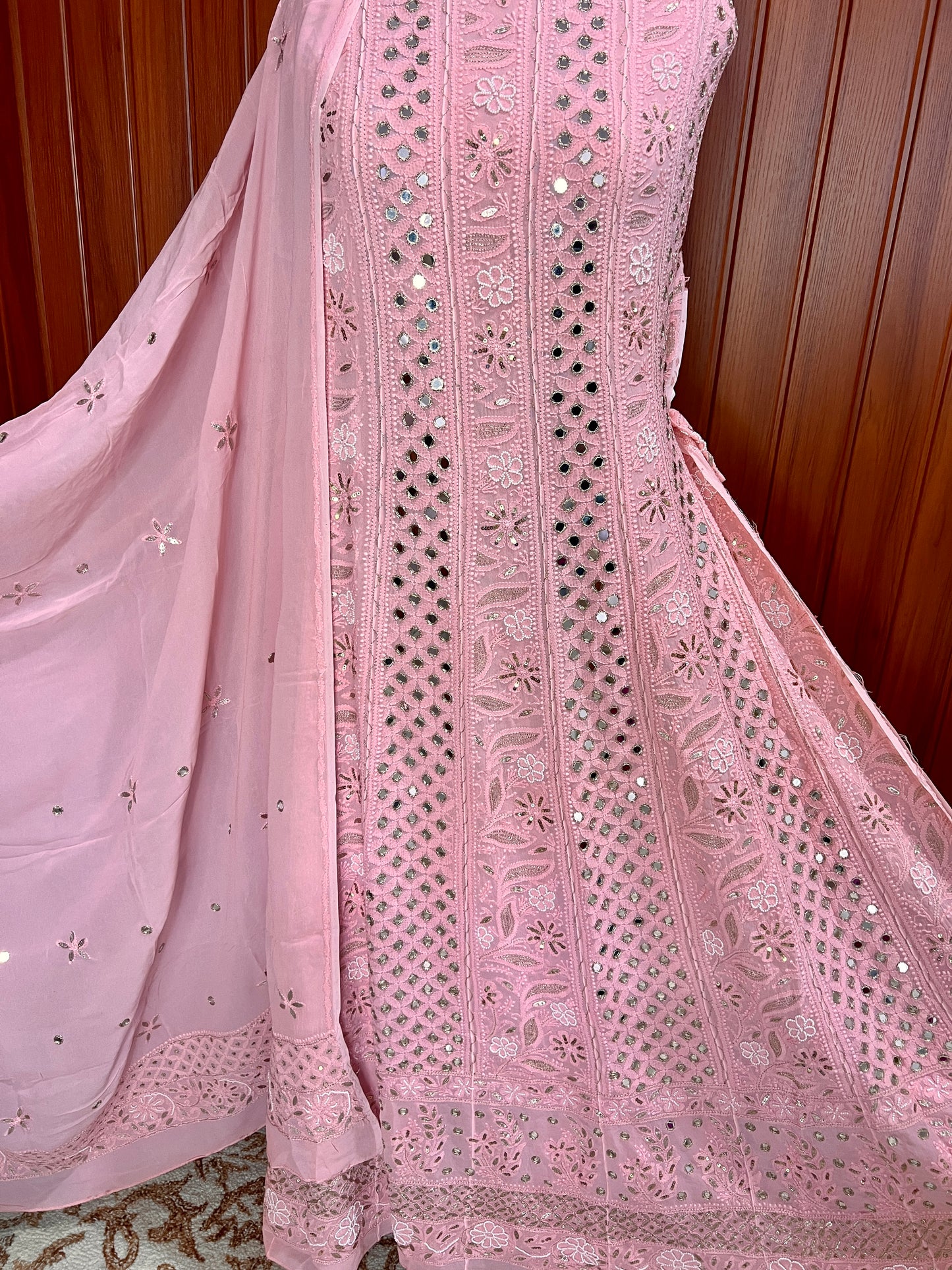 Coral Pink Chikankari Mirror Pearl Sequins Anarkali with Dupatta