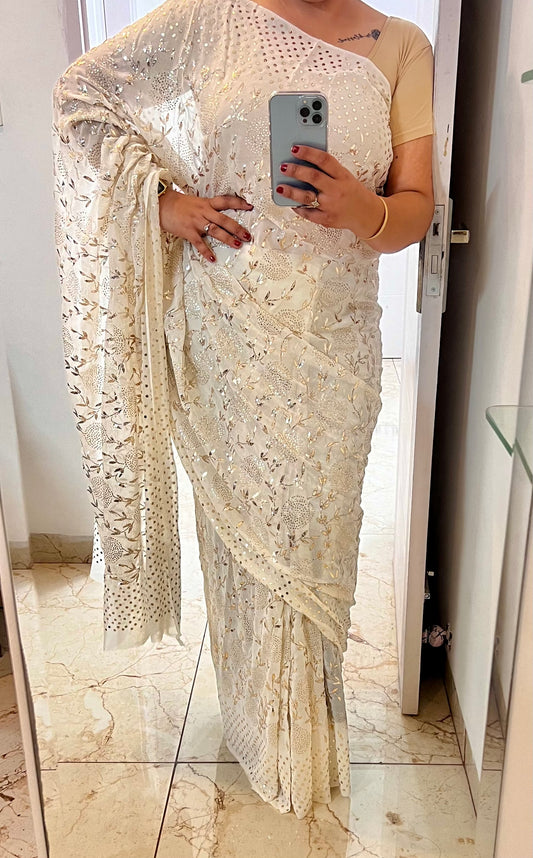 Buy Royalstyle Saree For Women Soft Georgette Fabric Off White Saree With  Lucknowi Thread Chikankari Embroidery Work With 9mm sequins work at